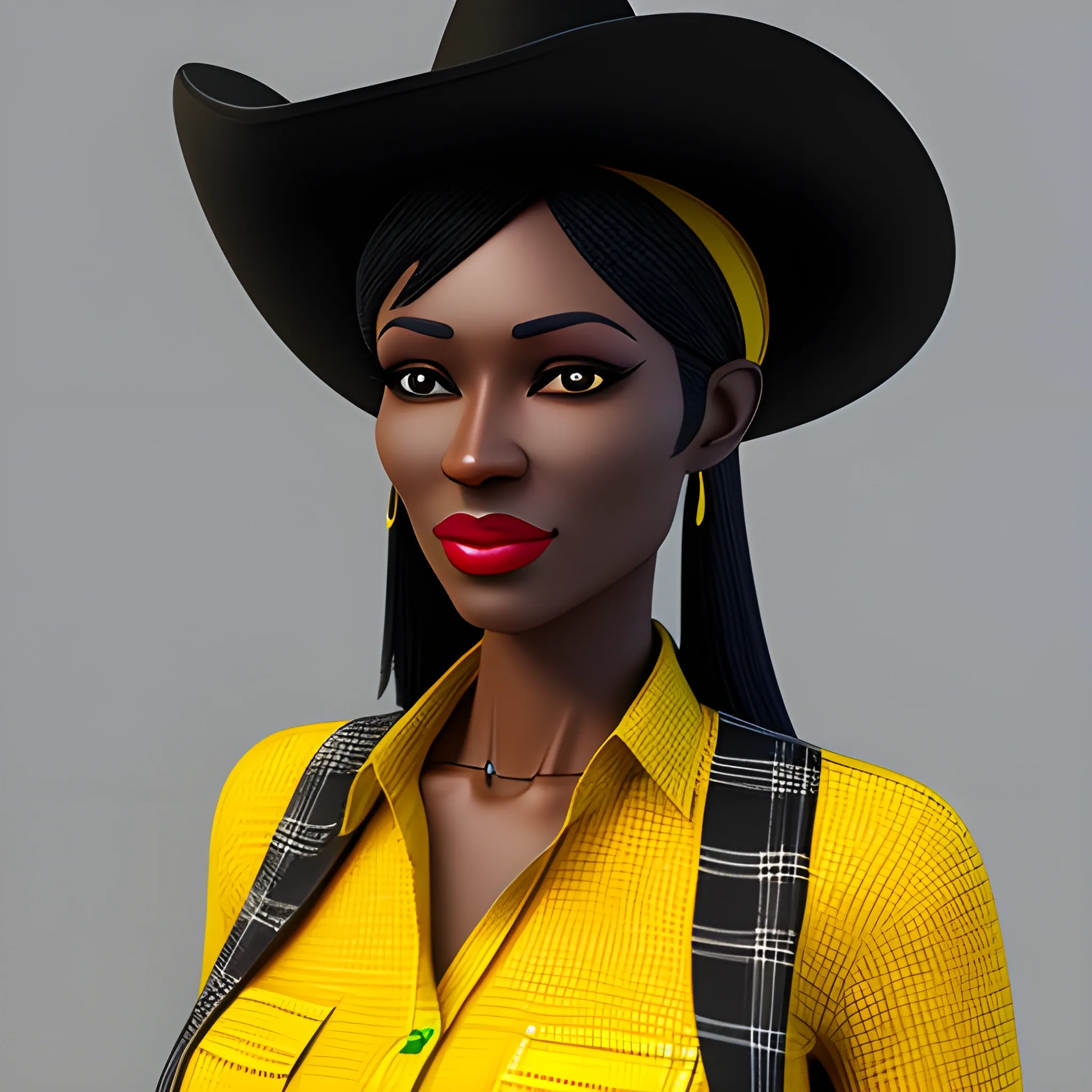 Masterpiece, 3D render, high detail, teen african female, wearing a yellow and green cowboy hat, cleft chin, short black hair, black eyes, wearing a flannel shirt, small bosom, petite figure, 3D