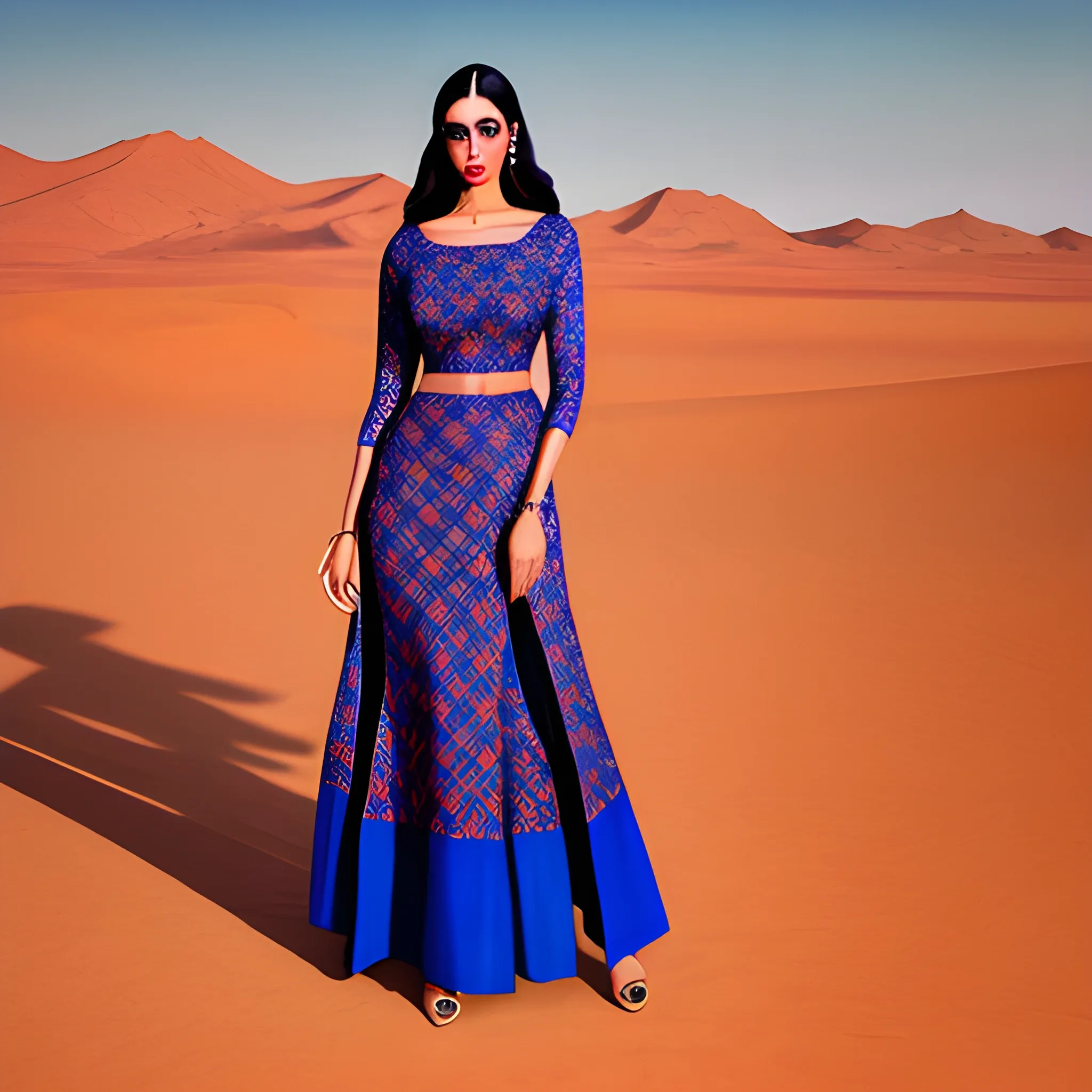beautiful girl fair and blue eyes wearing Masaba Gupta garment in the middle of the desert

realistic, photograph 