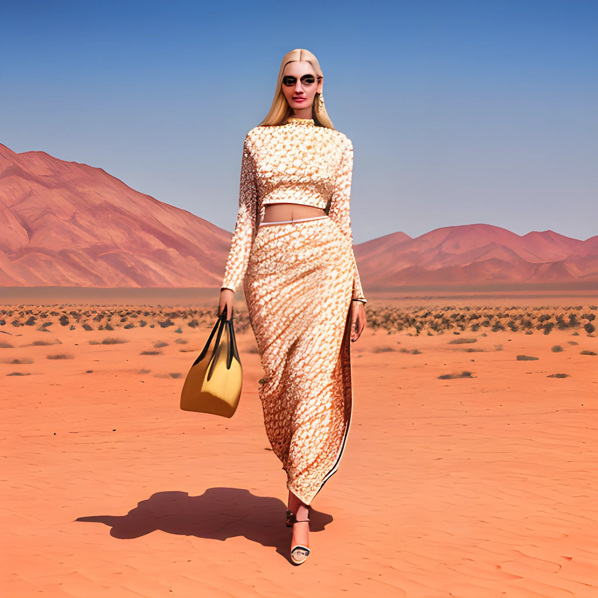 beautiful girl fair, blonde.  wearing Masaba Gupta garment, with minimal accessory in the middle of the desert

realistic, photograph 