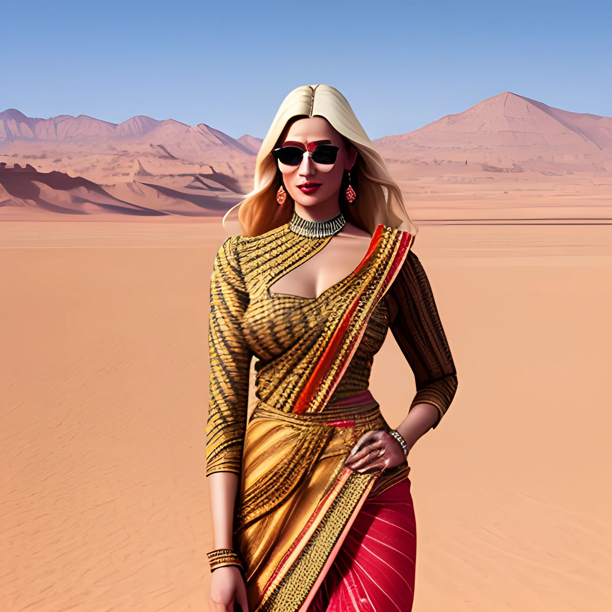 beautiful girl fair, blonde.  wearing Masaba Gupta garment, with minimal accessory in the middle of the desert. improve face 

realistic, photograph 