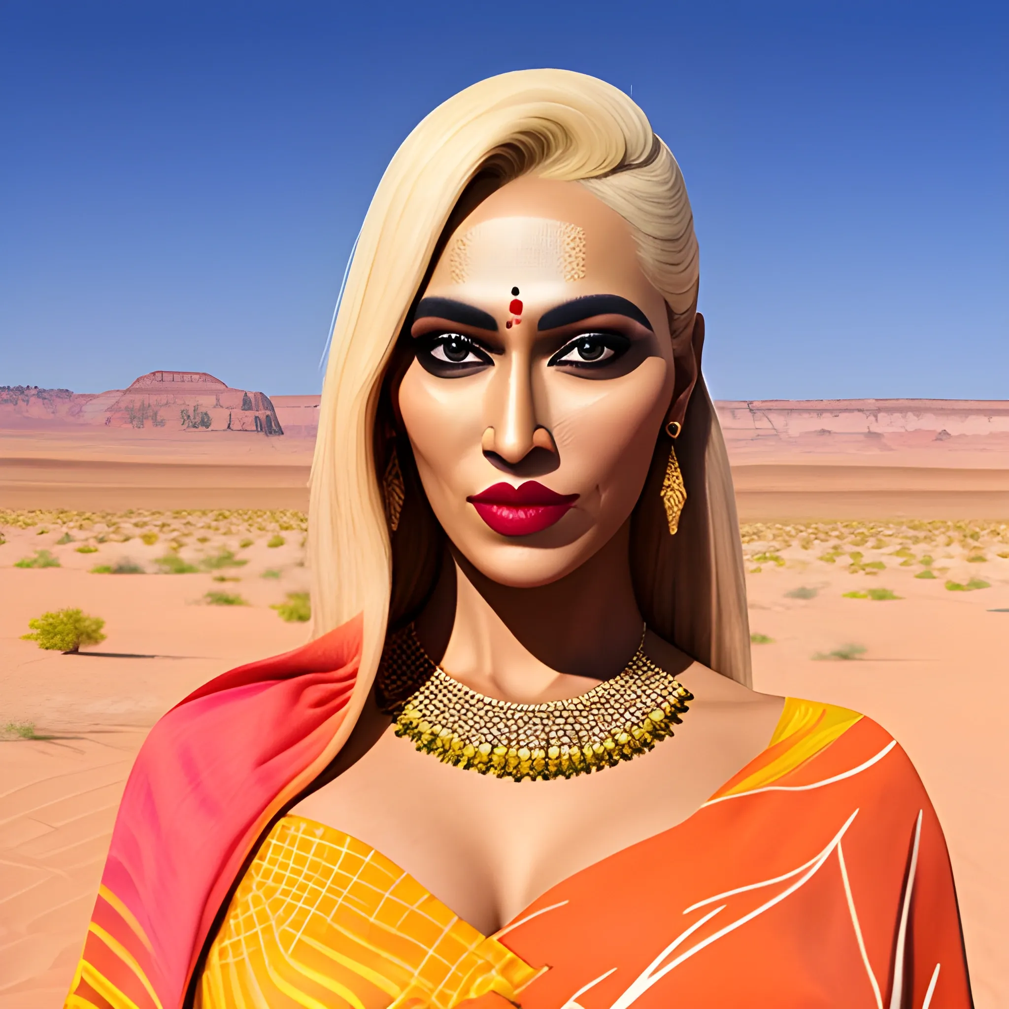 beautiful girl fair, blonde.  wearing Masaba Gupta garment, with minimal accessory in the middle of the desert. improve face 

realistic, photograph 