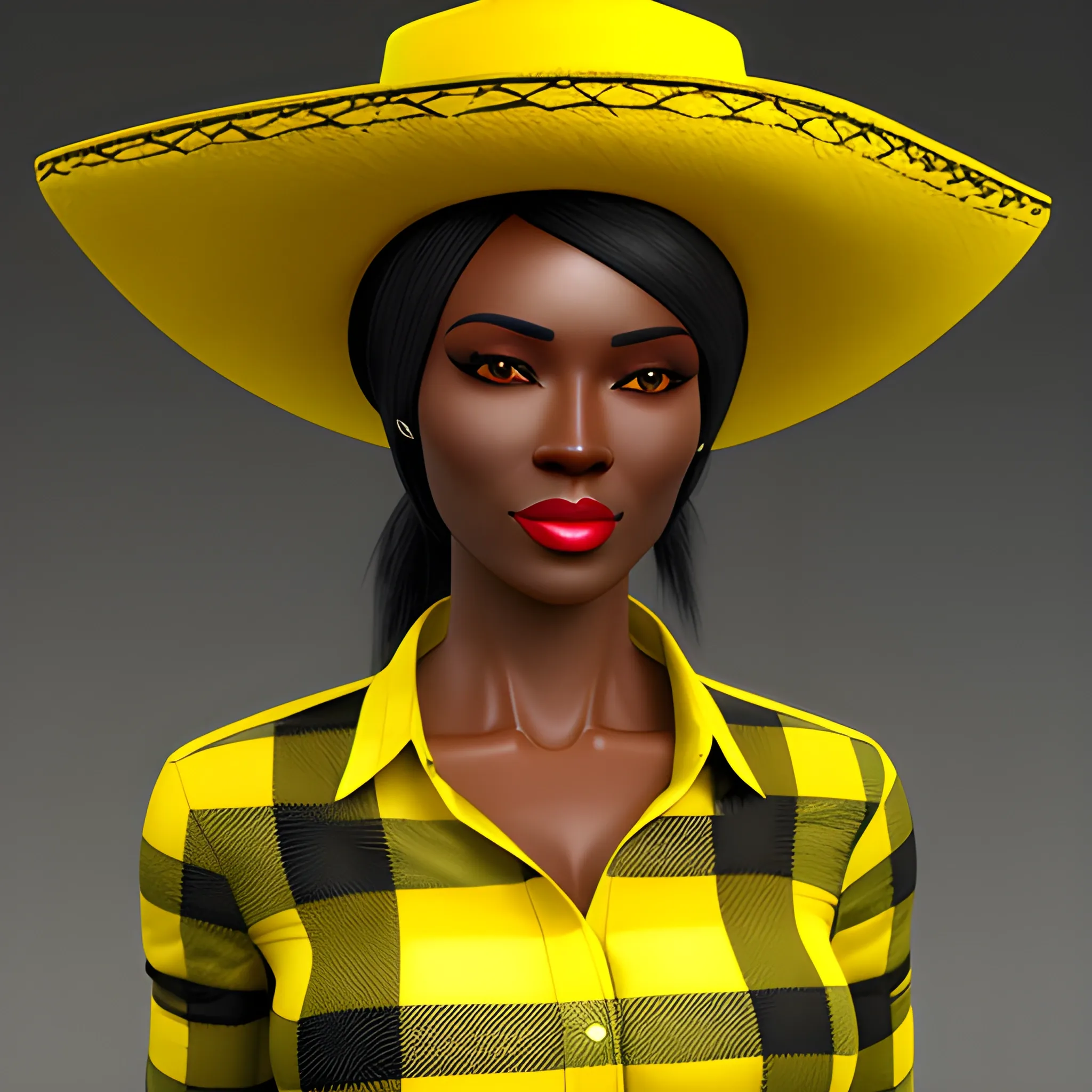 Masterpiece, 3D render, high detail, teen african female, wearing a yellow and bright green cowboy hat, cleft chin, short black hair, black eyes, wearing a flannel shirt, petite figure, 3D