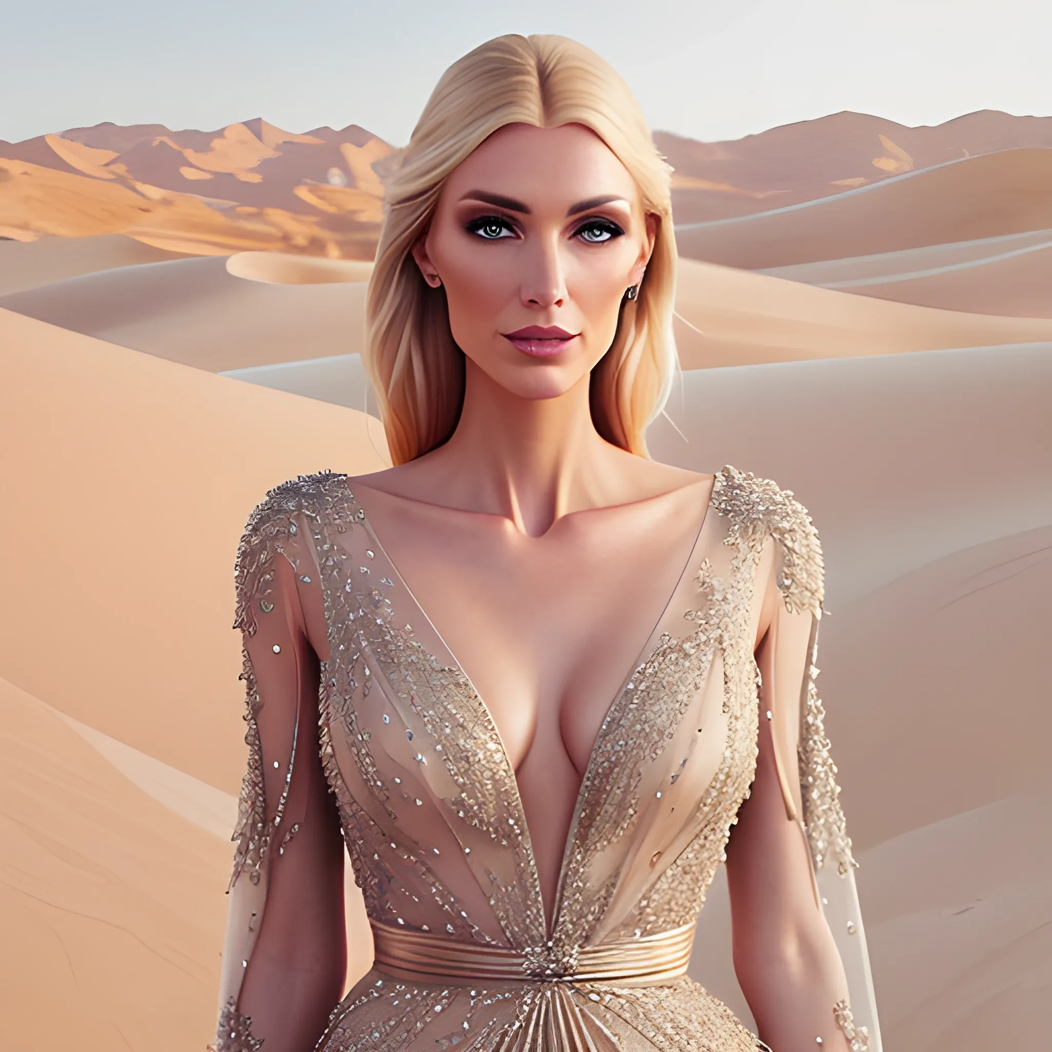 beautiful girl fair, blonde.  wearing Elie Saab garment, with minimal accessory in the middle of the desert. 

realistic, photograph 