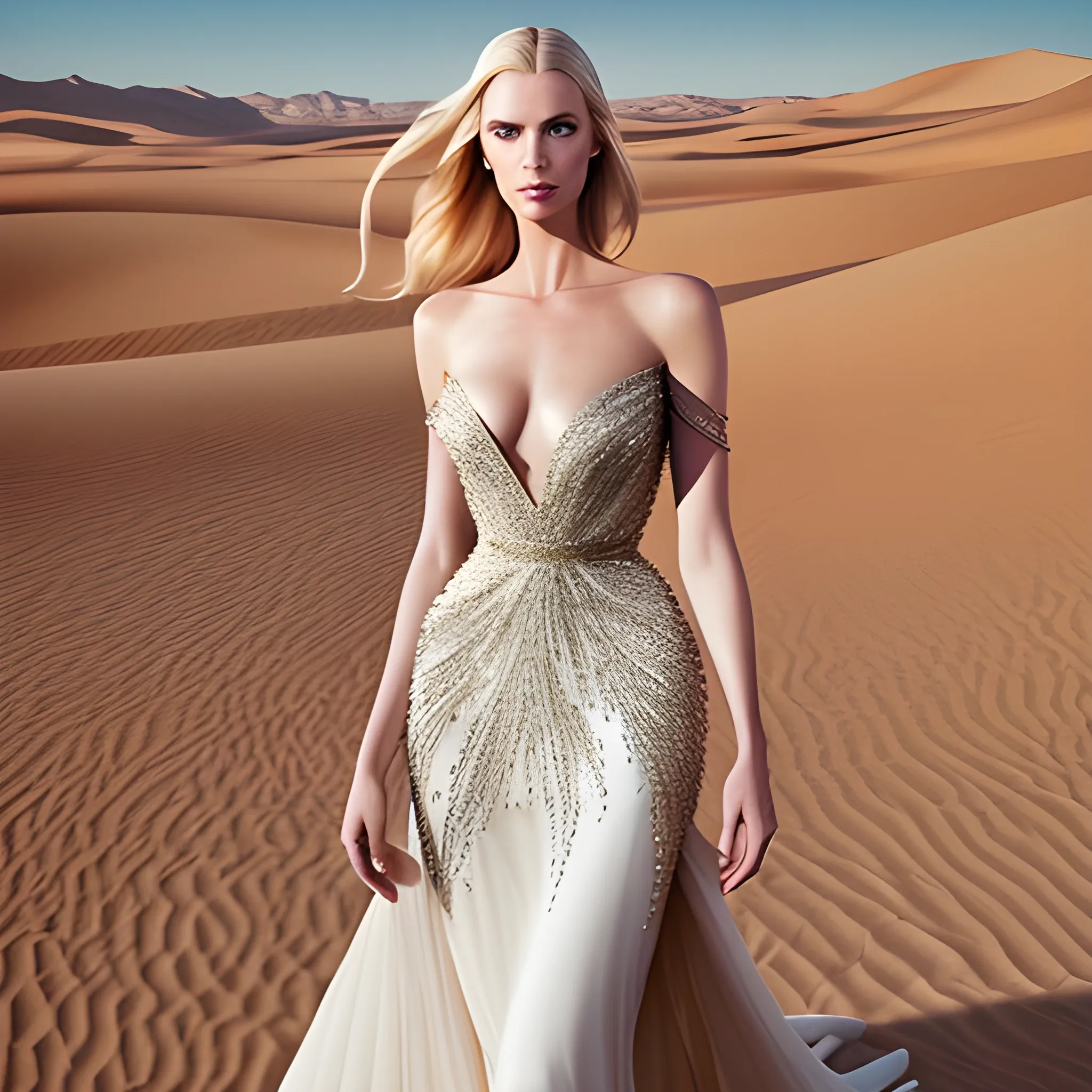 beautiful girl fair, blonde.  wearing Elie Saab garment, with minimal accessory in the middle of the desert. 

realistic, photograph 