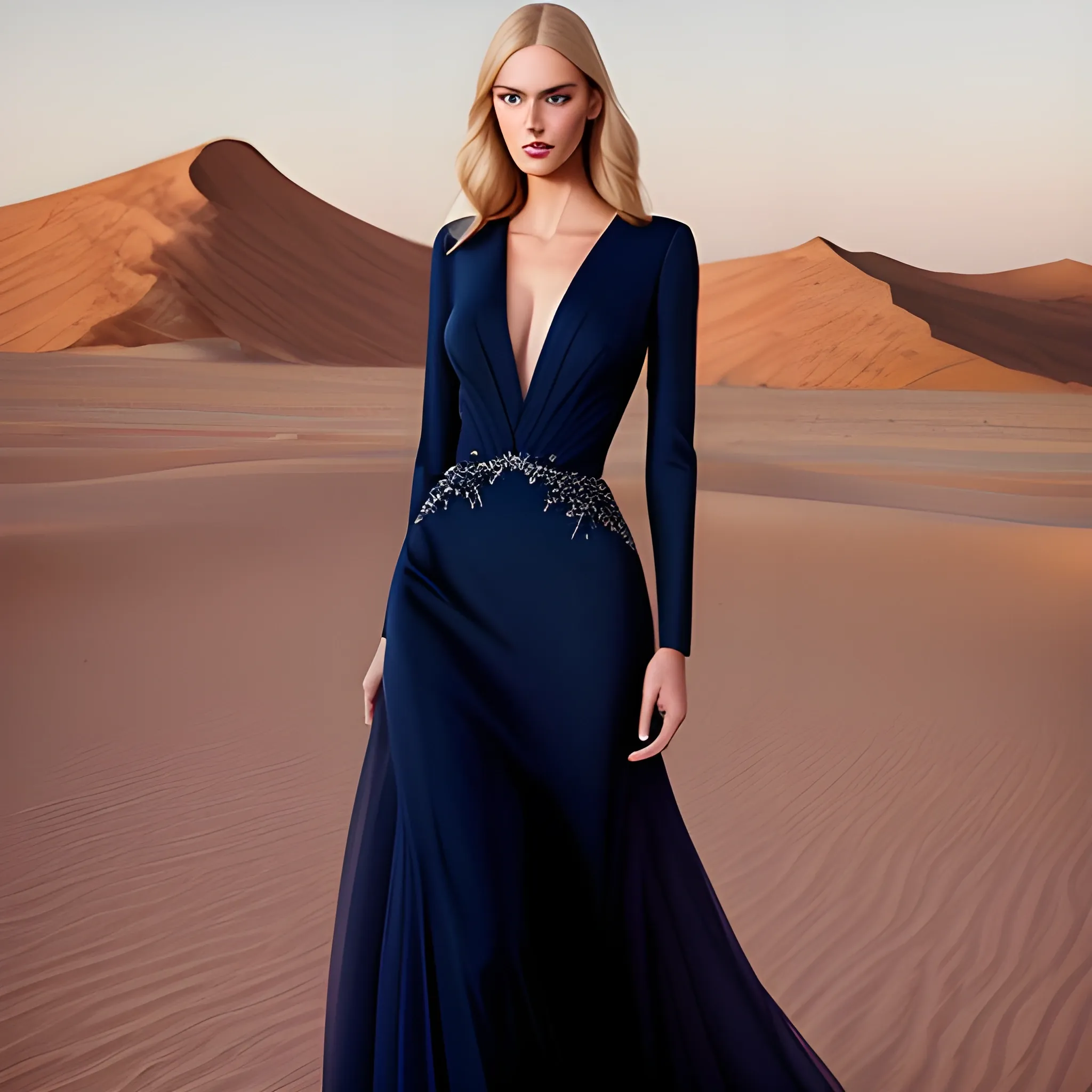 beautiful girl fair, blonde.  wearing a Navy blue Elie Saab garment, with minimal accessory in the middle of the desert. 

realistic, photograph 
