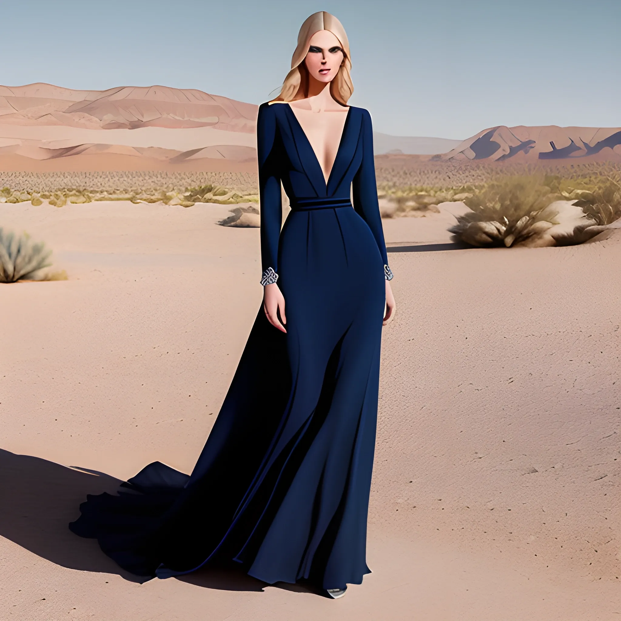 beautiful girl fair, blonde.  wearing a Navy blue Elie Saab garment, with minimal accessory in the middle of the desert. 

realistic, photograph 