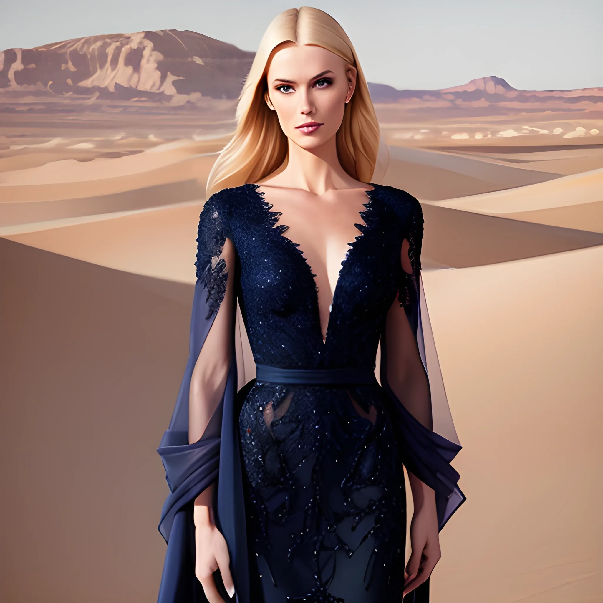 beautiful girl fair, blonde.  wearing a Navy blue Elie Saab garment, with minimal accessory in the middle of the desert. 

realistic, photograph, portrait 