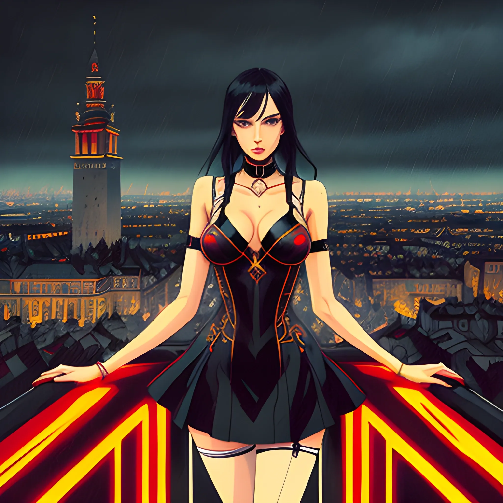 An image of a slavic woman wearing choker in a manga art, anime style character style Art Nouveau painting, red gold and sillver colors,  true aesthetics, casual fashion shot of a beautiful modern woman posing in front of a psychedelic art nouveau style.  grunge happy girl , full figure, fit, ellegant tight white shirts, ties, miniskirts,  legs,  choker, cross, long hair, classy,  beautiful faces, manga symmetric eyes, open mouth, postapocaliptic Warsaw city in the background, rainy dark night, art by Greg Rutkowski, acrylic, high contrast, colorful polychromatic, ultra detailed, ultra quality, CGSocietyHighly detailed, highest quality  , 3D