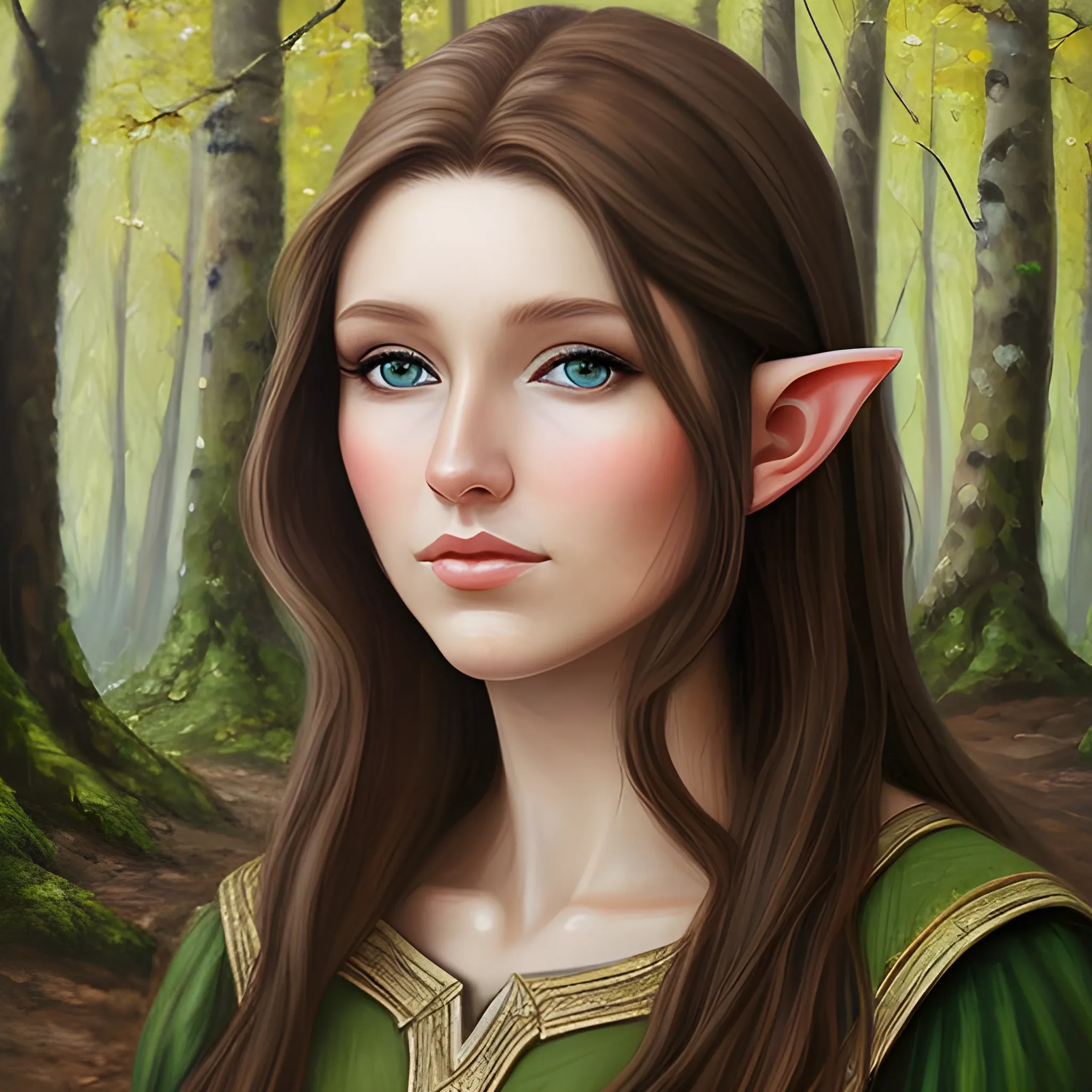 a beautiful woman elf with brown hair and grey eyes in the woods, Oil Painting