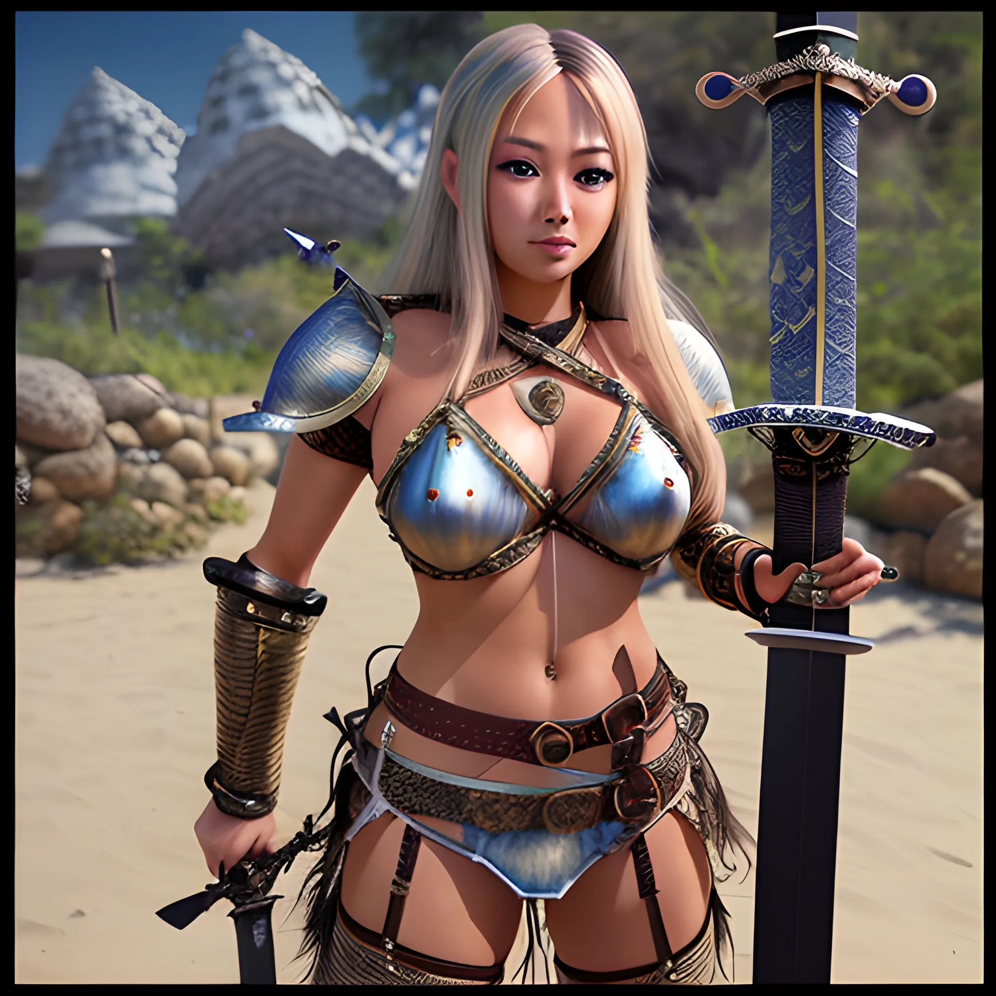 photo of beautiful bikini armor gyaru, beautiful female warrior, beautiful sensuous eyes ,(photo realistic:1.5), (physically-based rendering:1.5), 8K, metal armor, weapon, long (sword:1.5) carry on back, belt dagger, armrest, hair ornament, Headpiece, Gemstones, leather belt bag, boots, rest in mountain view