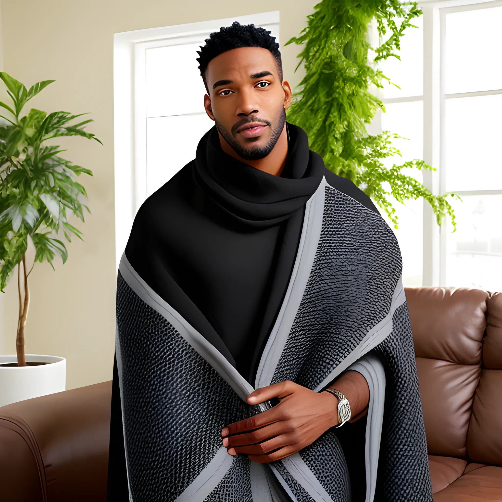 Black male standing, hands holding blanket, person behind blanket, above neck height Measures 60 inches x 80 inches
Family background with two bright windows
White couch with very little greenery