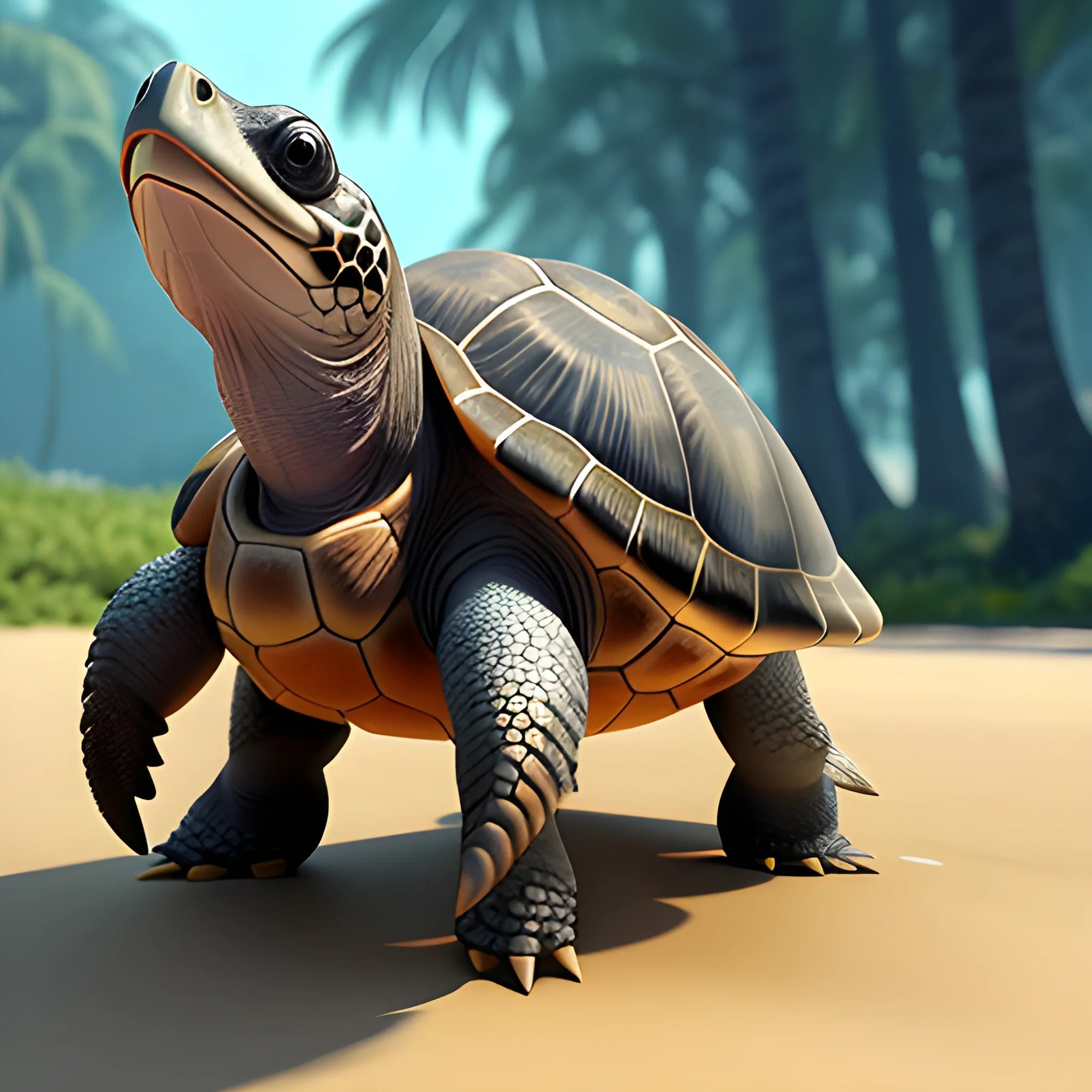 3d baby loggerhead turtle walking, cute and adorable,  Pixar render, unreal engine cinematic smooth, intricate detail, cinematic. smiling. happy happy, 3D