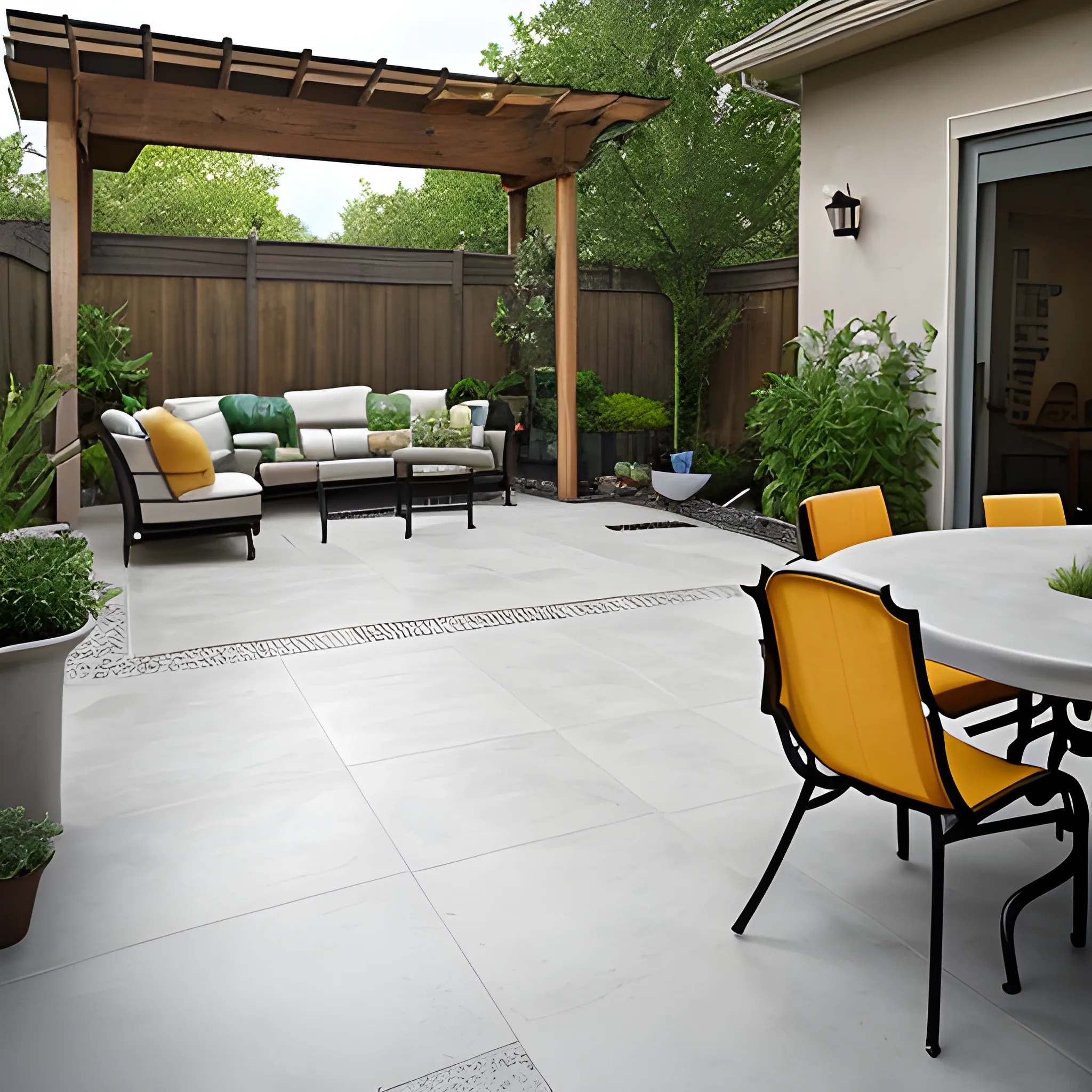 A poster ad image prompt for concrete patio renovations: At the center of the poster, a beautifully renovated concrete patio takes the spotlight. The patio features a smooth, polished surface that reflects the sunlight, and it is surrounded by lush greenery and vibrant potted plants.Text overlay: "Transform Your Outdoor Space with Stunning Concrete Patio Renovations!" On the top left corner, a "before" image showcases the outdated and worn-out concrete patio that is in need of a makeover. Cracks and dull surfaces are evident, highlighting the contrast between the old and the new. On the bottom right corner, the company logo and contact information are displayed, along with a call-to-action encouraging viewers to schedule a consultation for their own patio transformation. The color palette consists of earthy tones, with the patio and plants contributing to a refreshing and inviting aesthetic. The poster's design captures the promise of a revitalized outdoor space through expert concrete patio renovations.