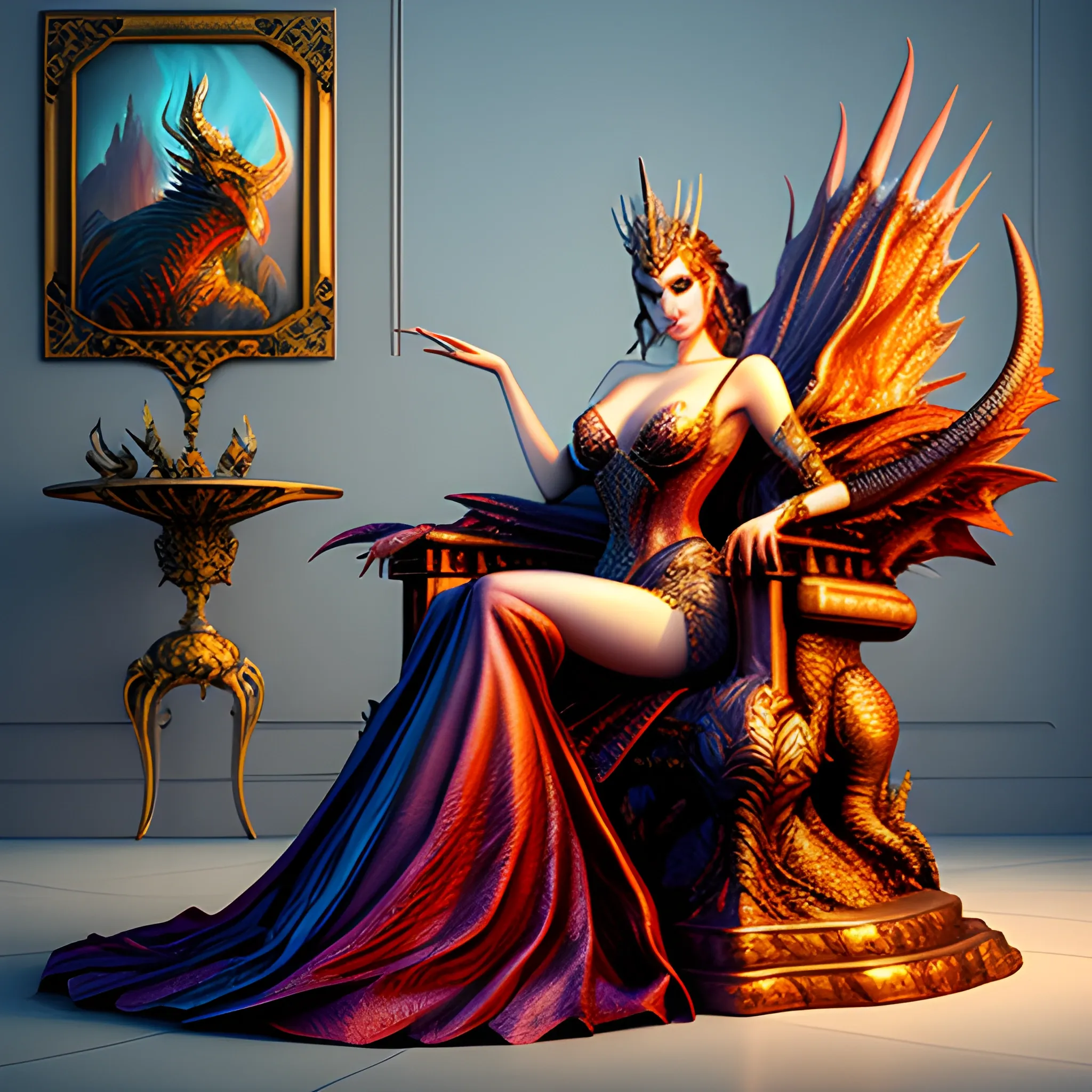 Beautiful A girl sitting on the throne with a dragon behind her, unreal style, fantasy, Fashion, stable diffusion, 3D, Oil Painting