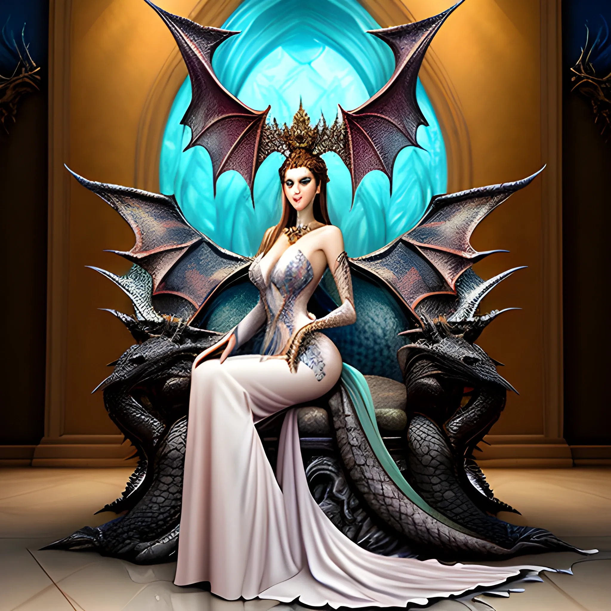 Beautiful A girl sitting on the throne with a dragon behind her, unreal style, fantasy, Fashion, stable diffusion, 3D, Oil Painting, Water Color