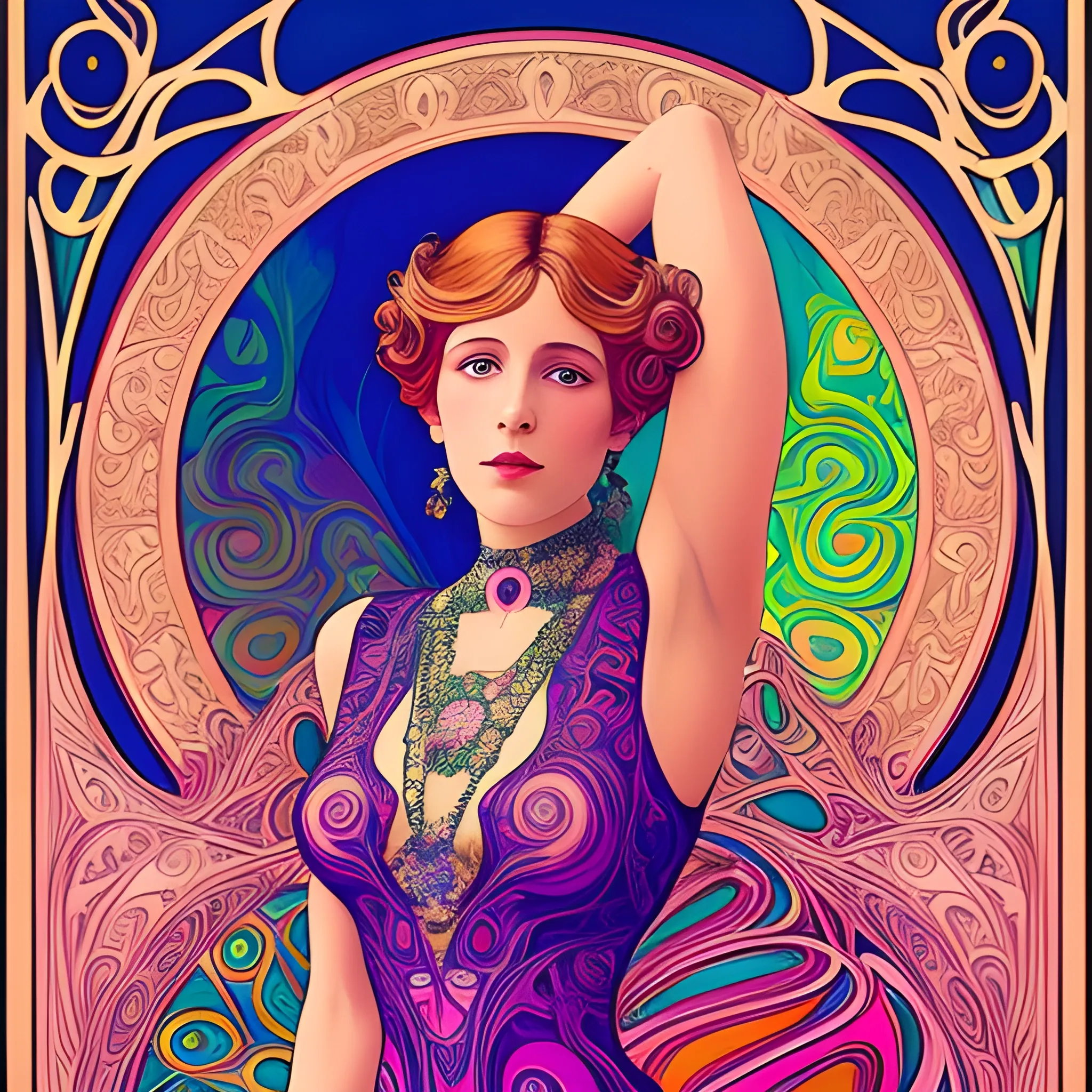 Art Nouveau painting, true aesthetics, stylish fashion shot of a beautiful woman posing in front of a psychedelic art nouveau style. Highly detailed, highest quality