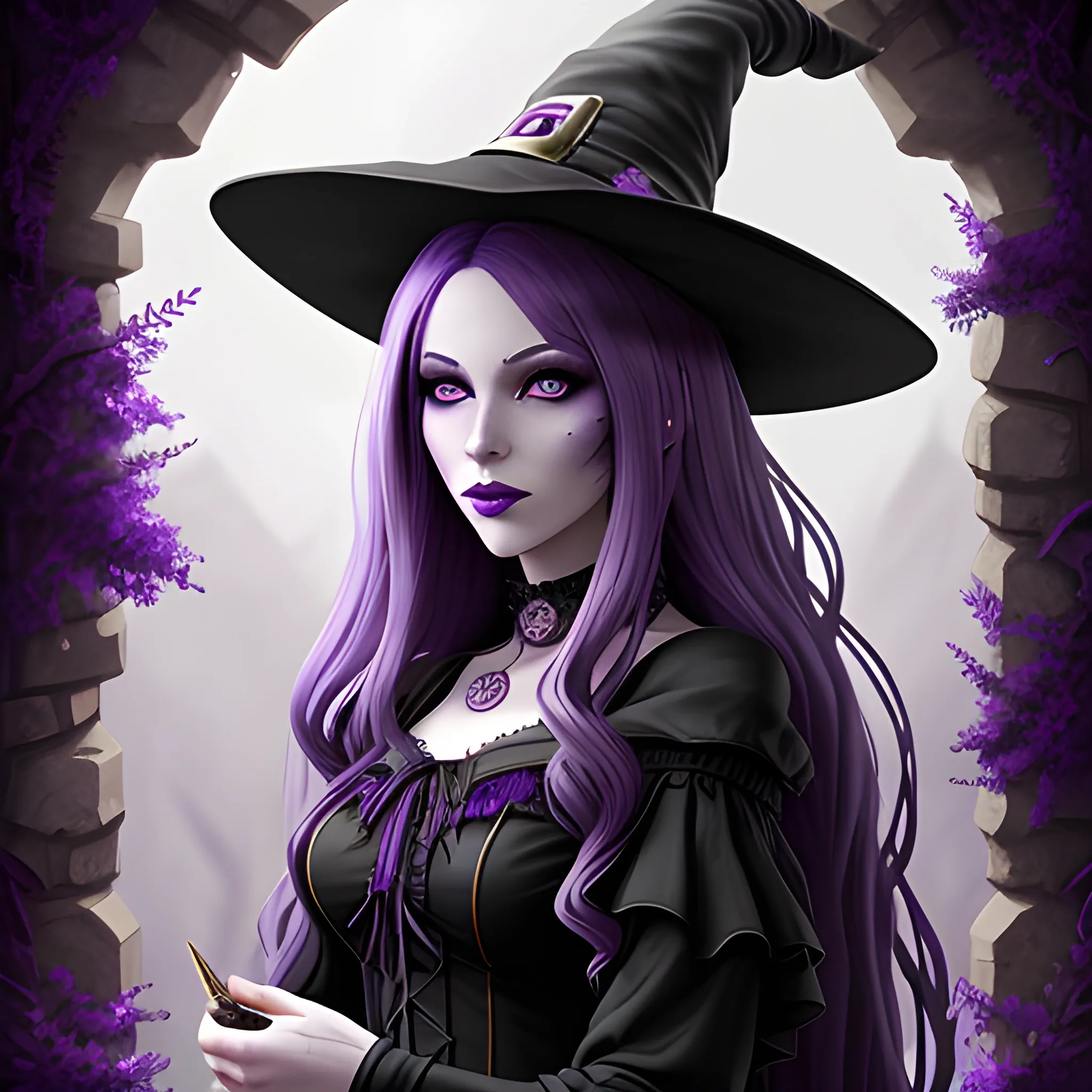 Witch beauty with purple hair, character concept art, beautiful atmosphere highly detailed