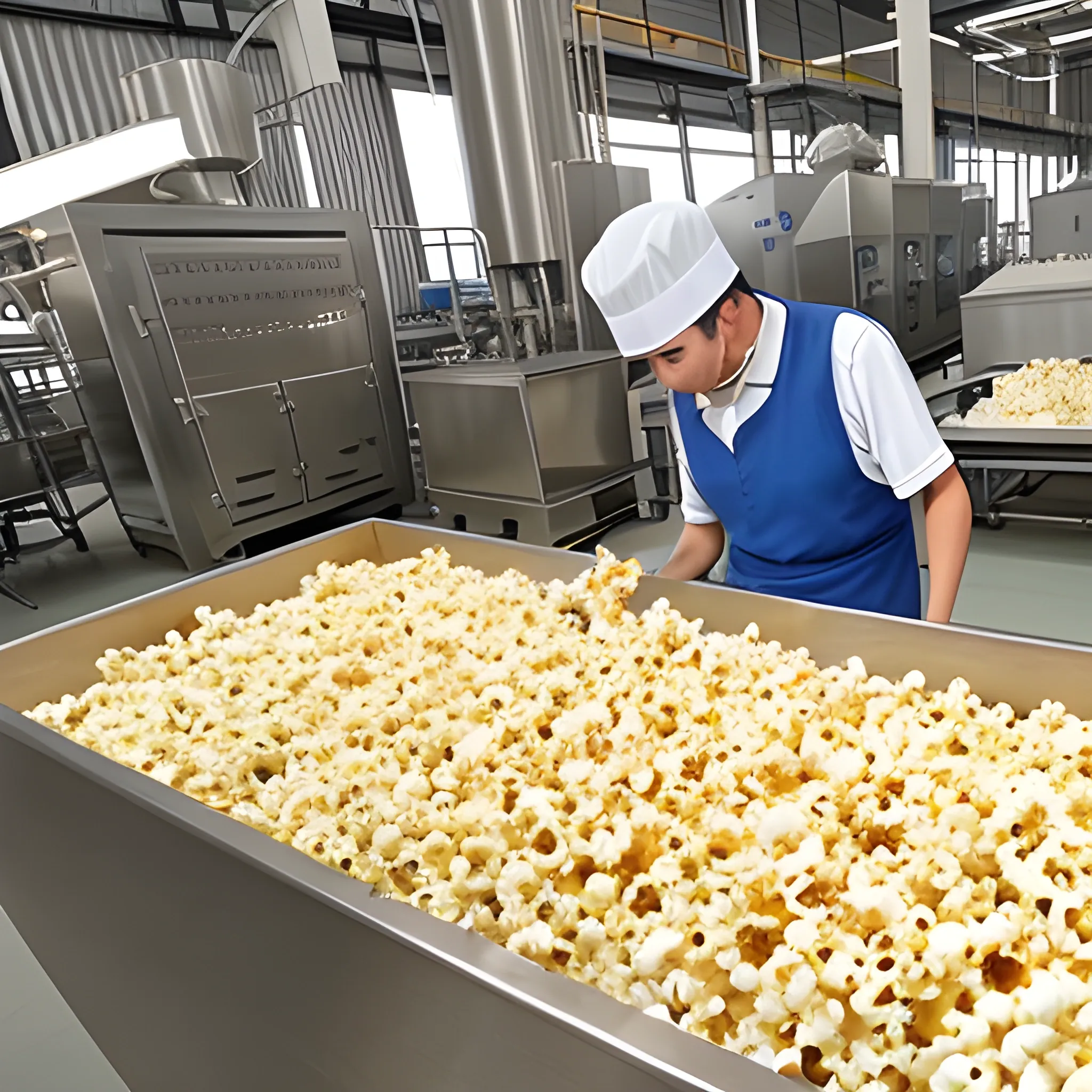 A picture of the popcorn production process in the factory