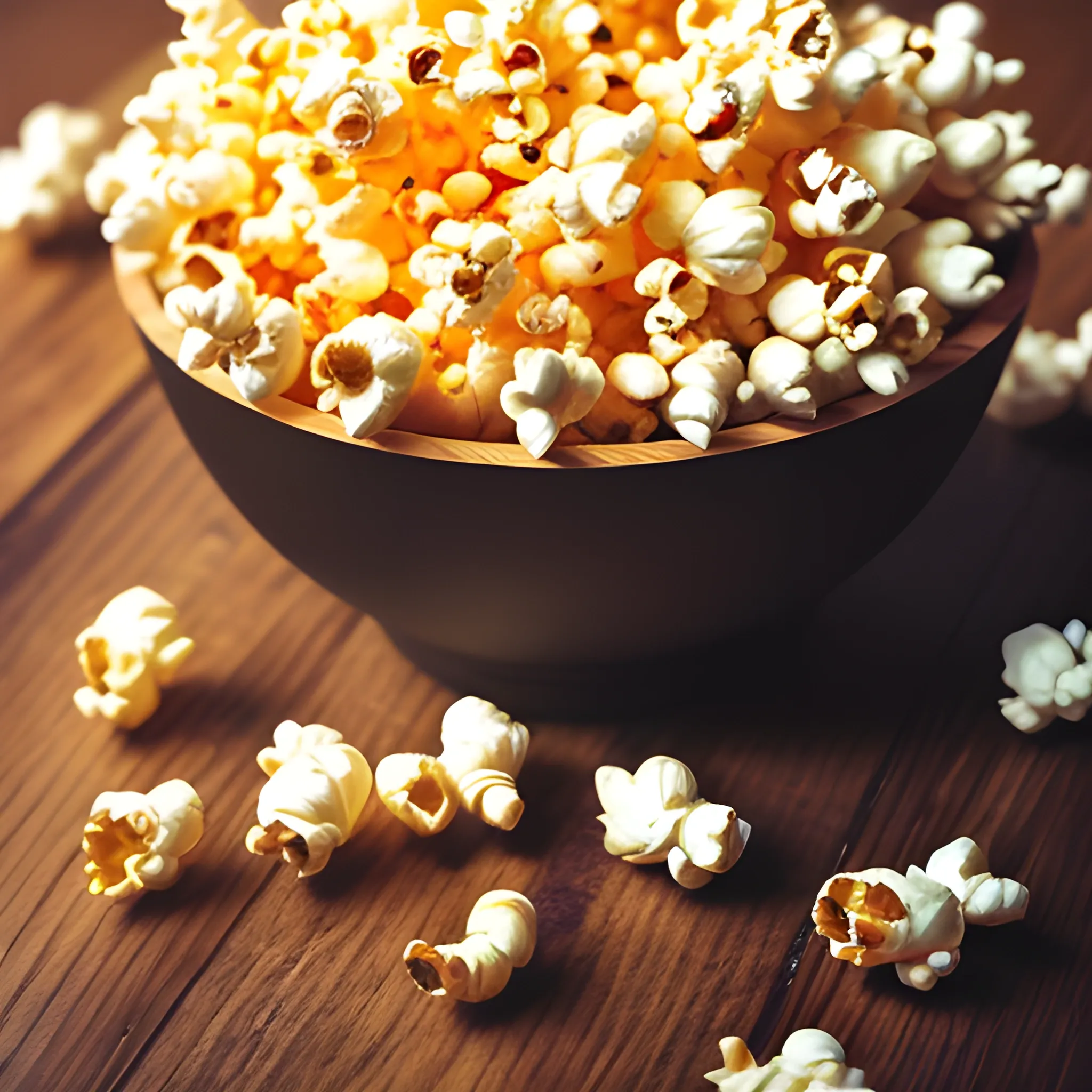 An image of a bowl full of popcorn on a wooden table and some popcorn lying on the table