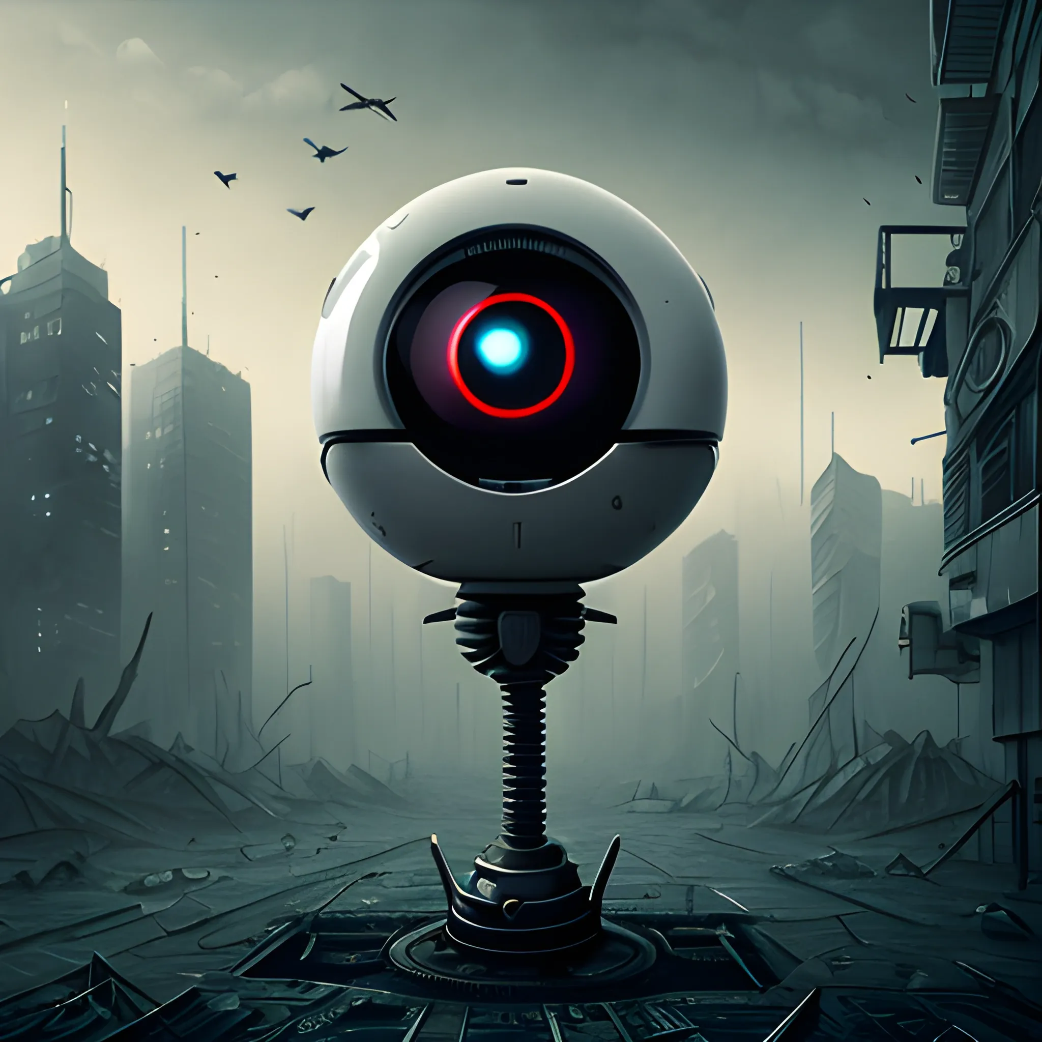 rfktrstyle, robotic eyeball, In dystopian city,  darksurrealism, lora:darksurrealismai_V10:0.4