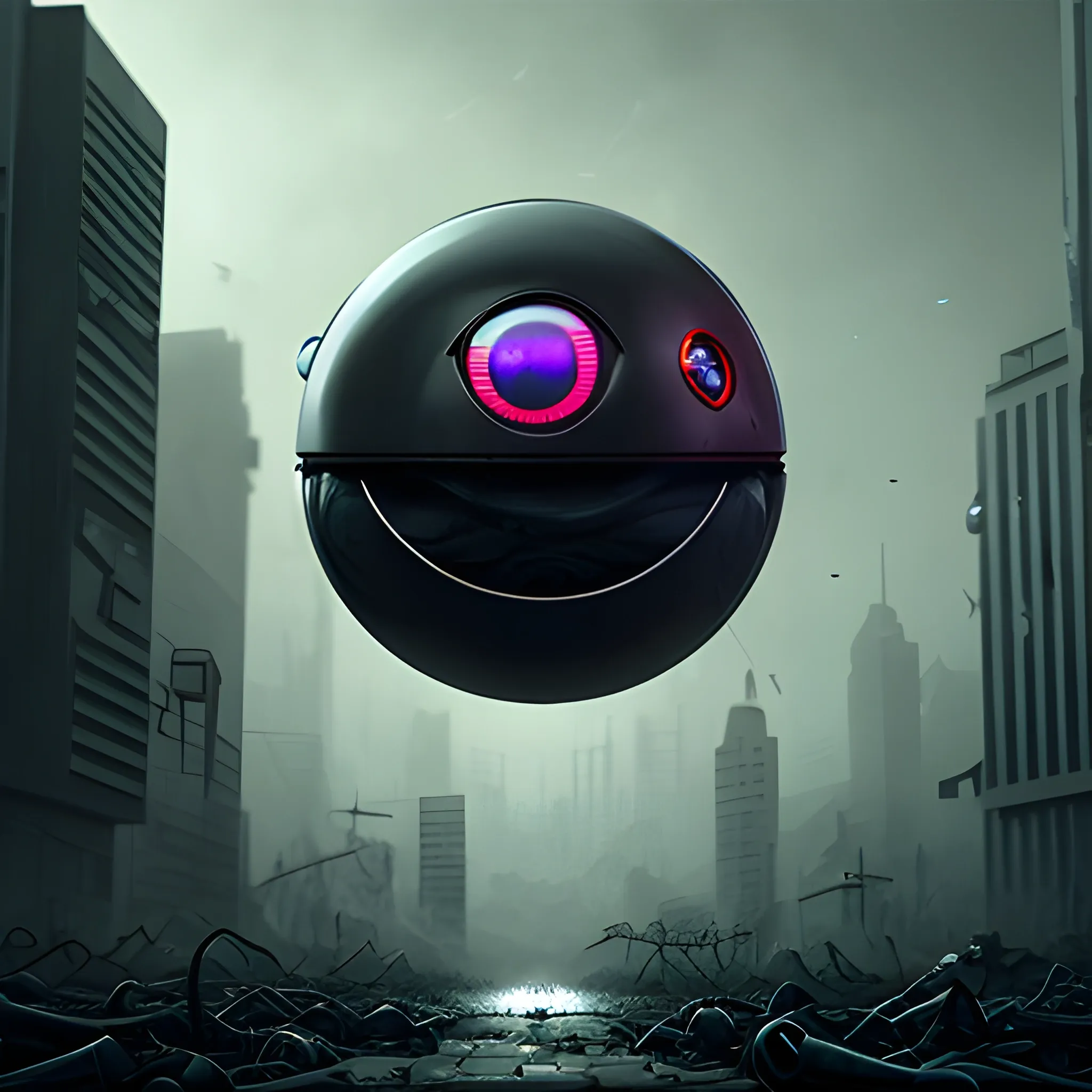 rfktrstyle, robotic eyeball, In dystopian city,  darksurrealism, lora:darksurrealismai_V10:0.4 --chaos 90