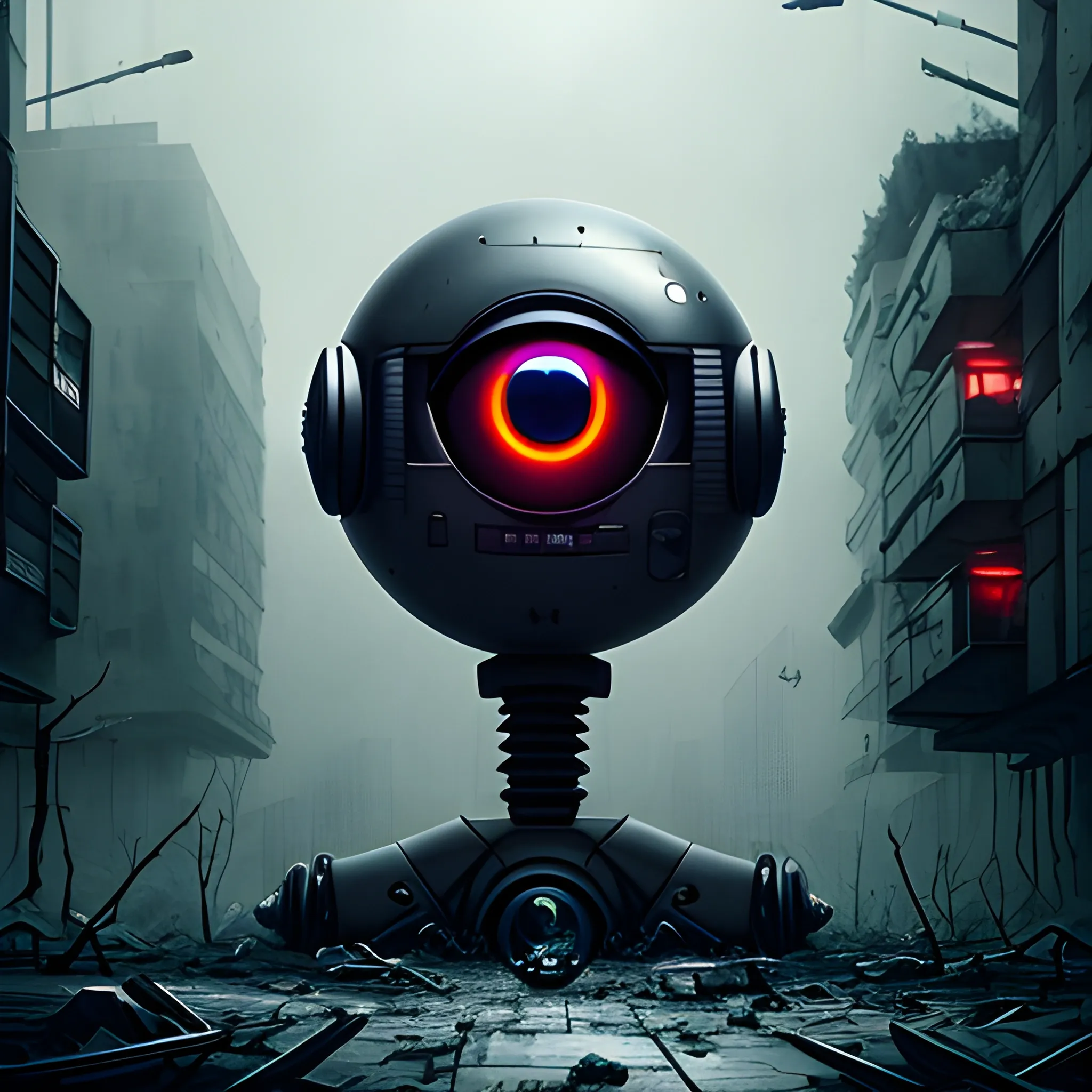 rfktrstyle, robotic eyeball, In dystopian city,  dark surrealism, lora:darksurrealismai_V10:0.4 --chaos 90 --q 99 rfktrstyle 