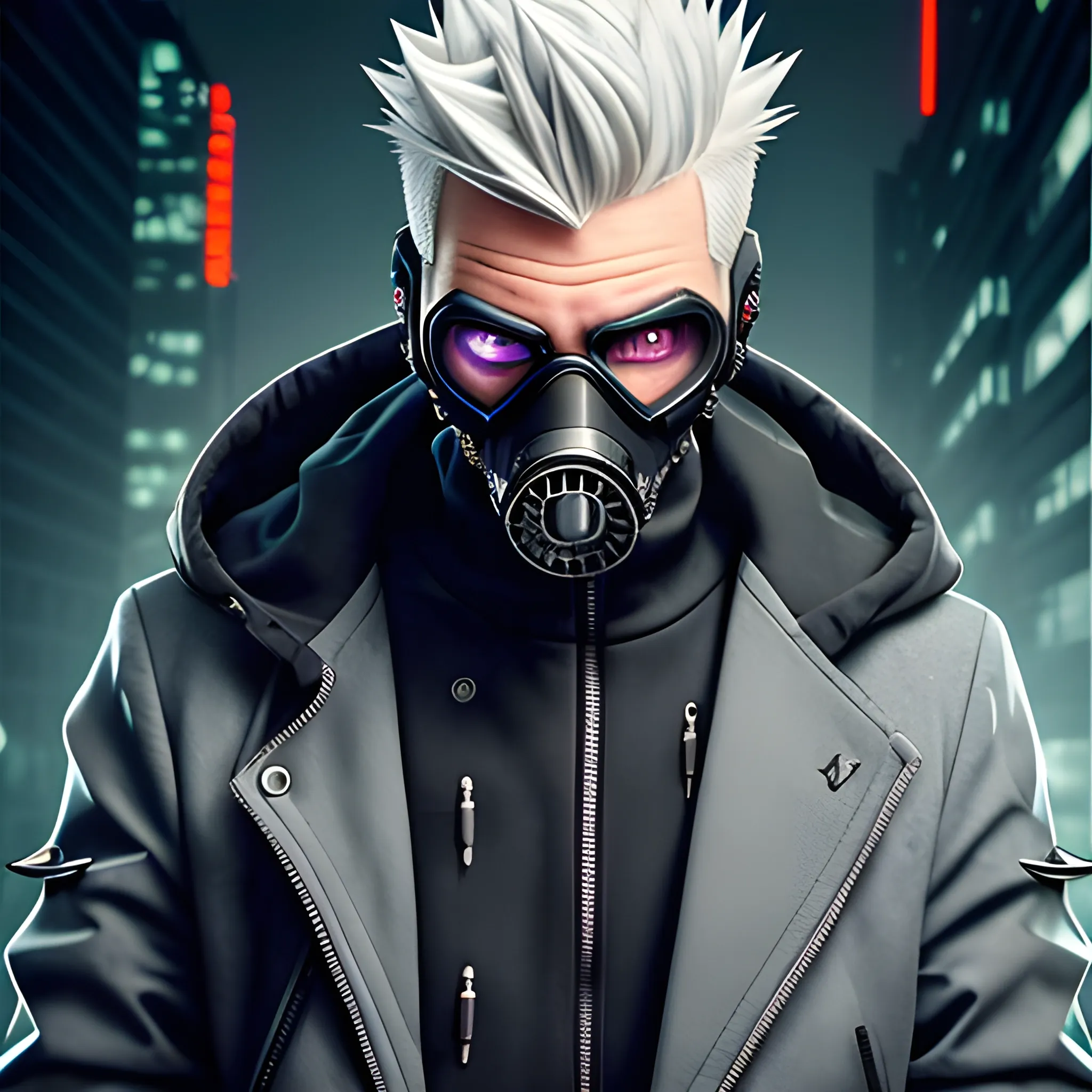 Handsome, white male, with spiked grey hair, high collar jacket, and hood. Wearing a bottom half gasmask, cyberpunk