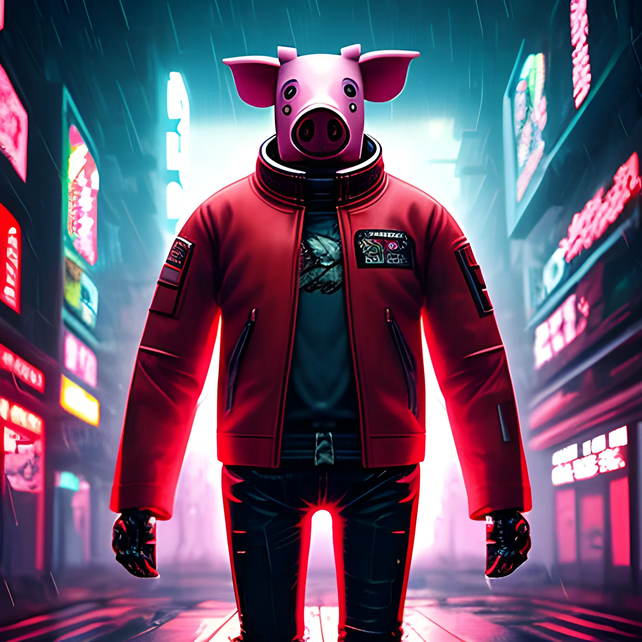 Robot pig in space city, cyberpunk, red jacket in the rain, extr ...