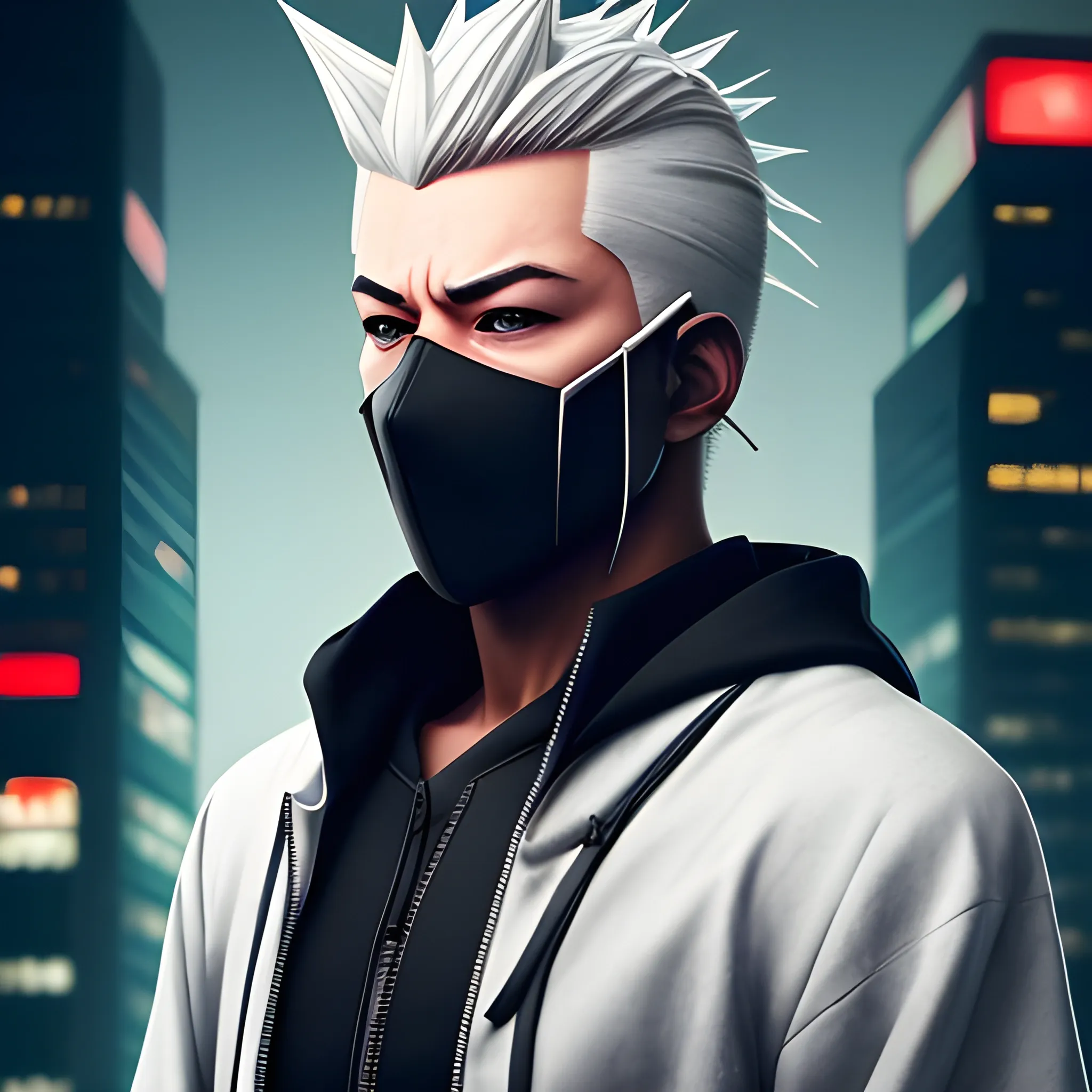 Handsome, white male, with spiked grey hair, high collar jacket, hood up hood. Wearing a black Samurai mask , cyberpunk