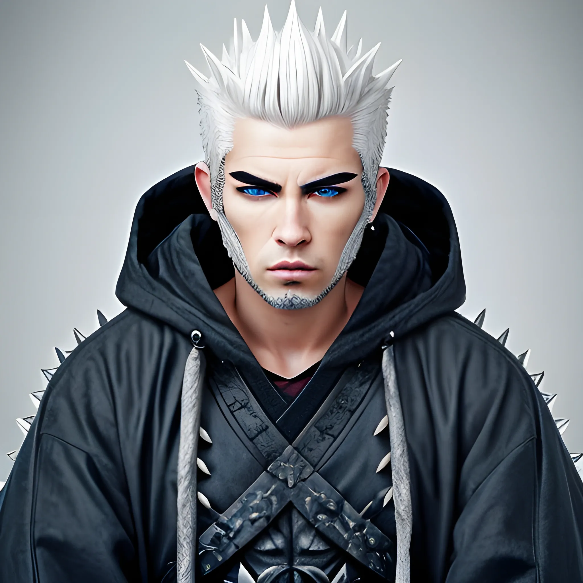 handsome, white male, with spiked, grey hair. Wearing a black hooded jacket, and a samurai mask. Blue eyes.