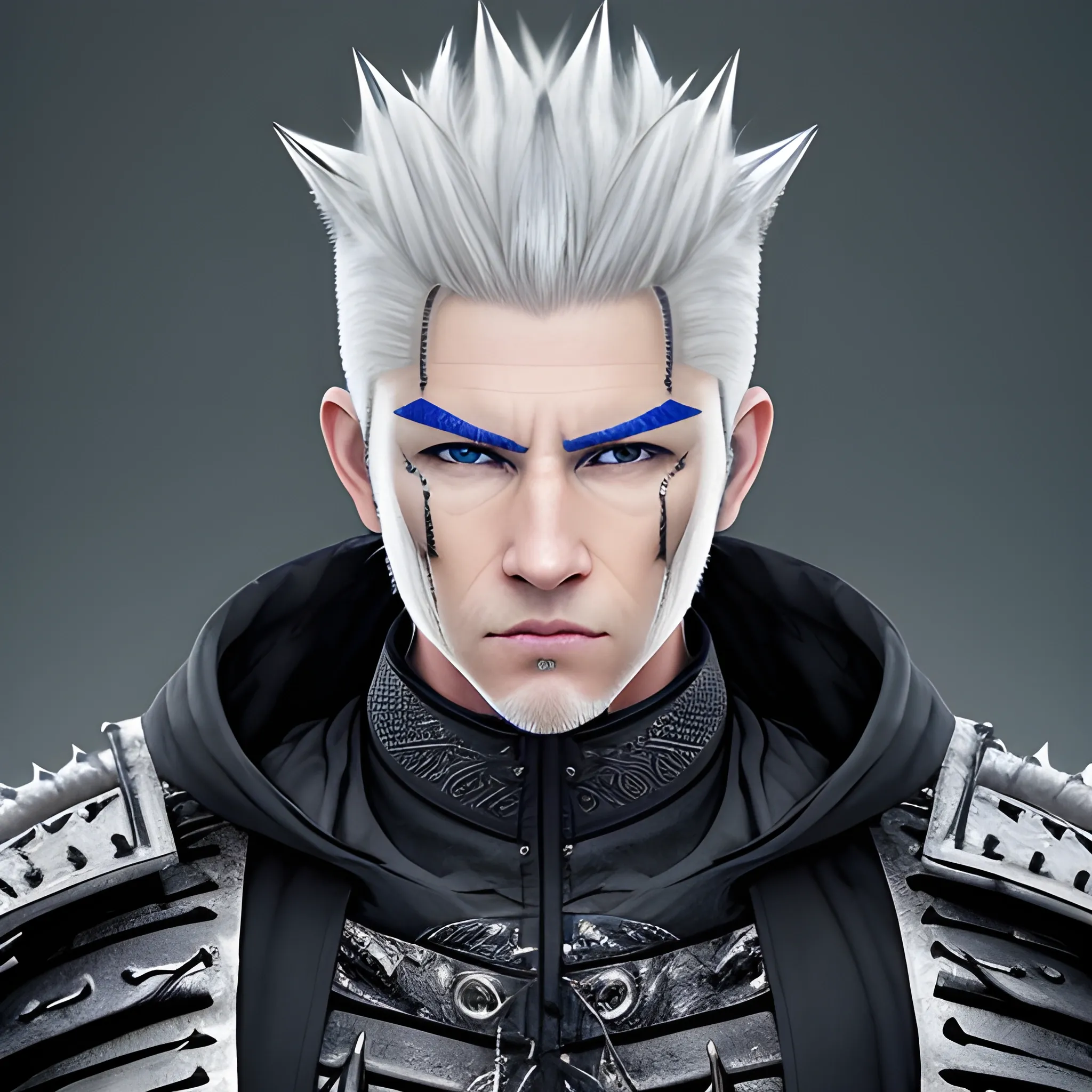 handsome, white male, with spiked, grey hair. Wearing a black hooded jacket, and wearing a samurai mask, with blue eyes.