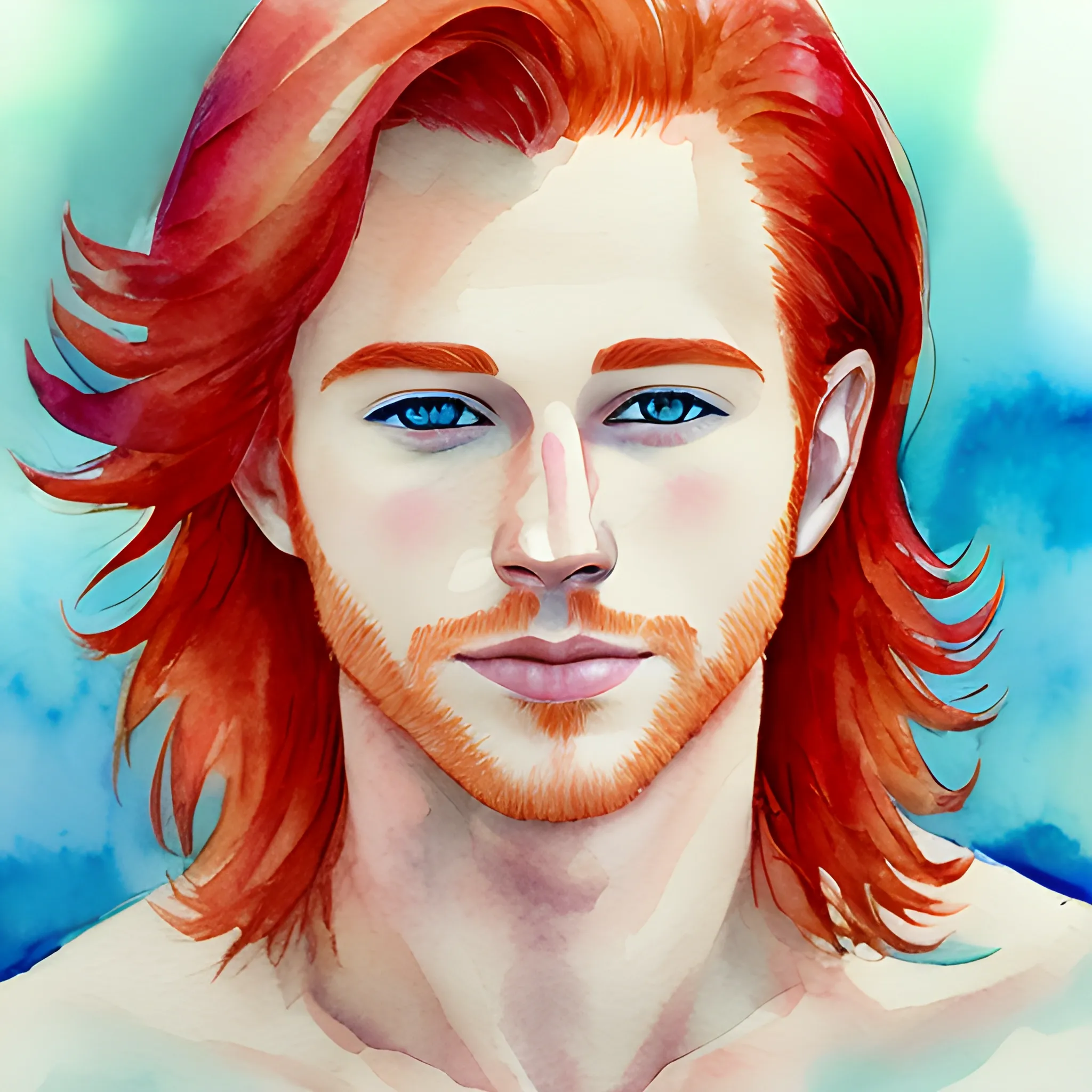 Attractive redhead male, Water Color