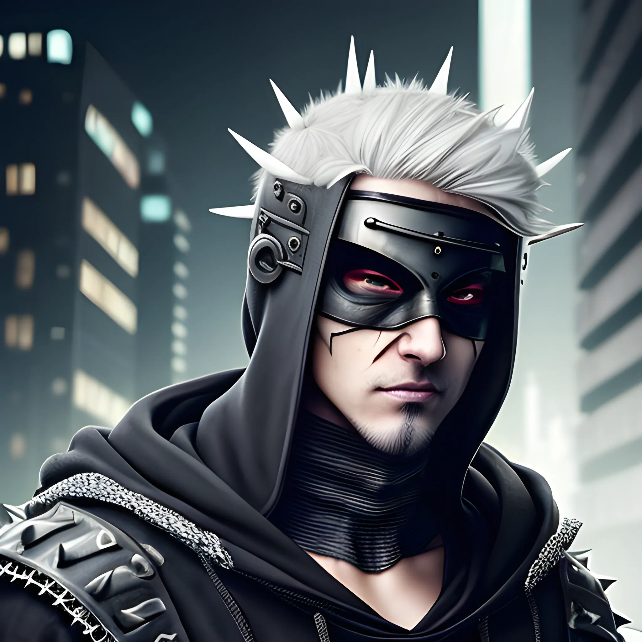 handsome, white male, with spiked, grey hair. Wearing a black hood, and wearing a samurai mask, Cyberpunk themed