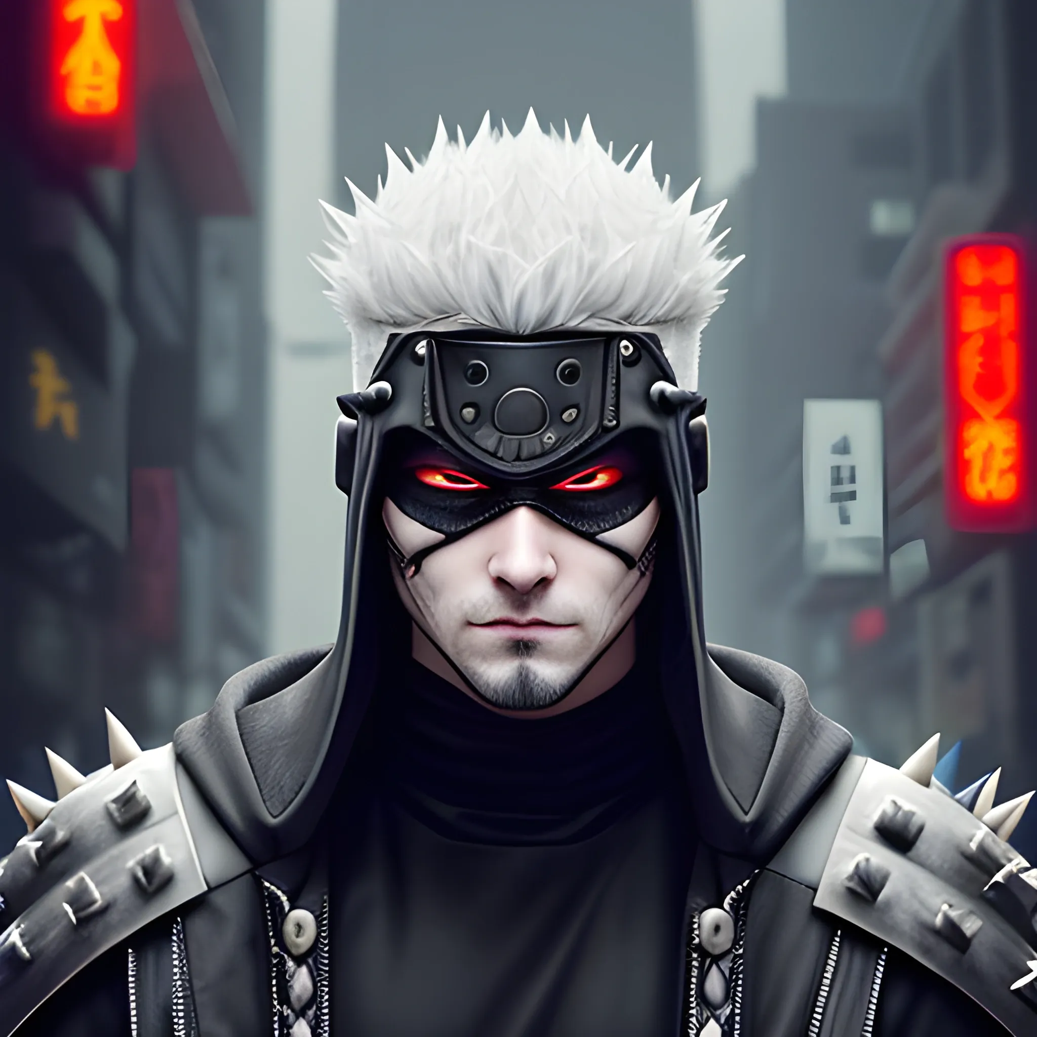 handsome, white male, with spiked, grey hair. Wearing a black hood, and wearing a samurai mask, Cyberpunk themed