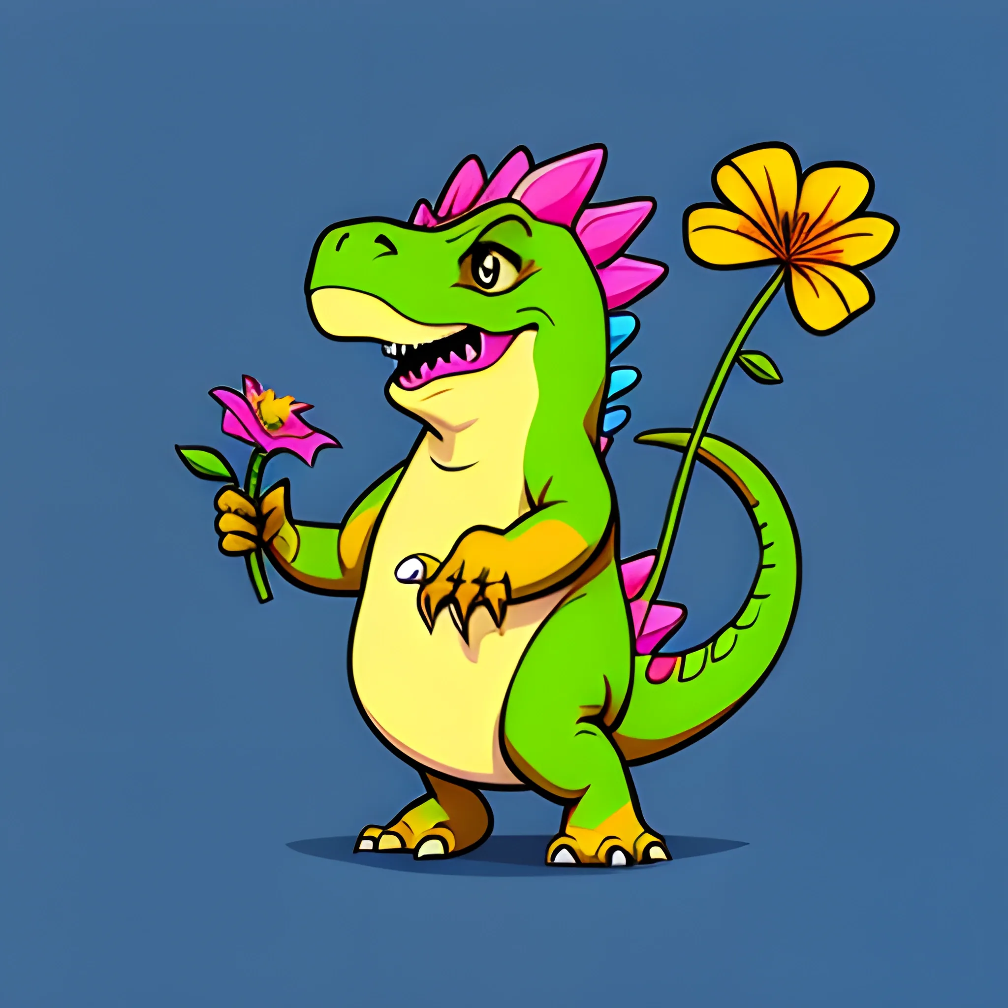 T-shirt design , Cute little Comic Style dinosaur character, he holds a flower in his hand, vibrant colours, poster, cinematic