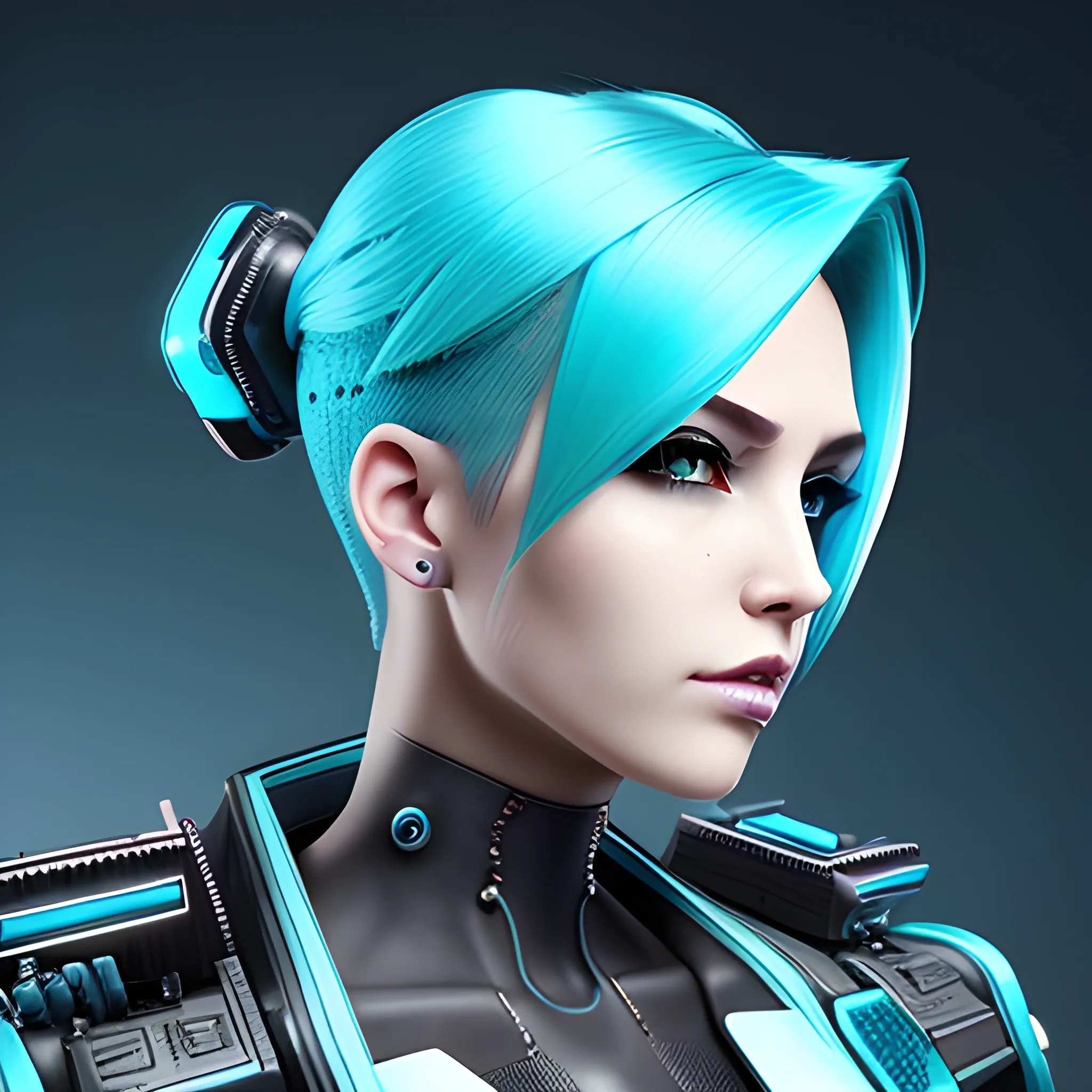 Beautiful female executive, Cyberpunk theme, short and neat cyan hair