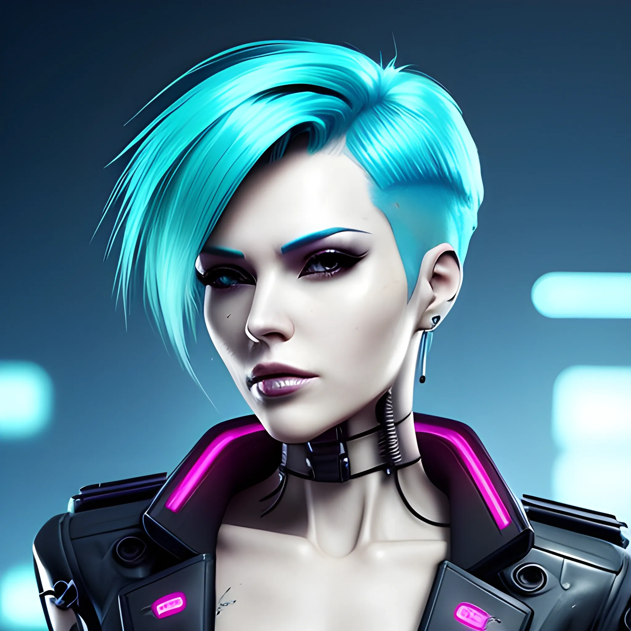 Beautiful female executive, Cyberpunk theme, short and neat cyan hair