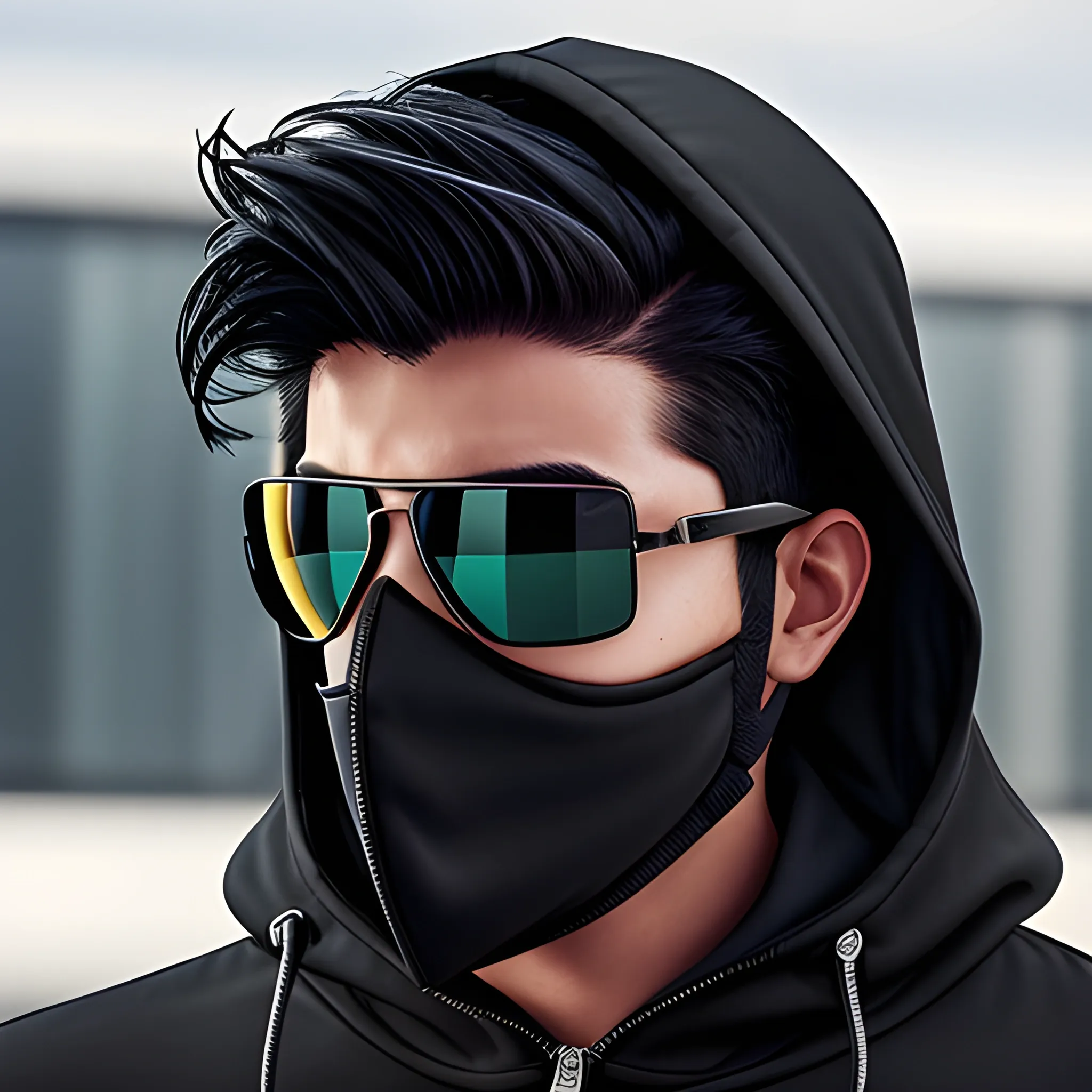 Handsome tech, with short spikey black hair, hood drawn up, with a half face mask, and mirrored sunglasses