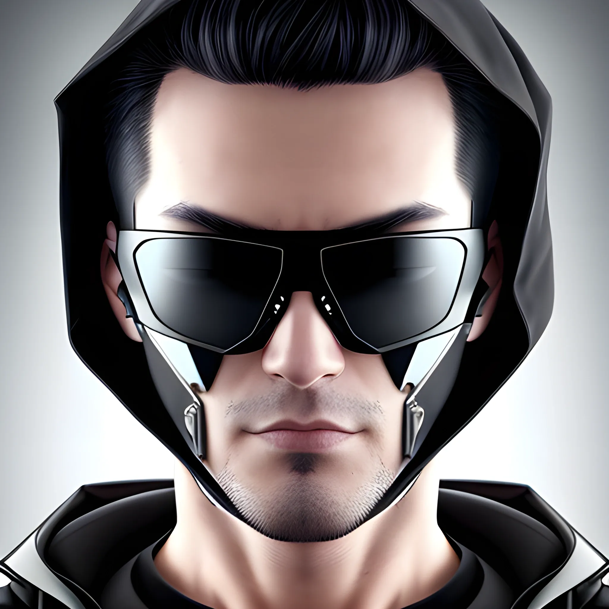 Handsome tech, with short spikey black hair, hood drawn up, with a half face mask, mirrored sunglasses, cyberpunk theme