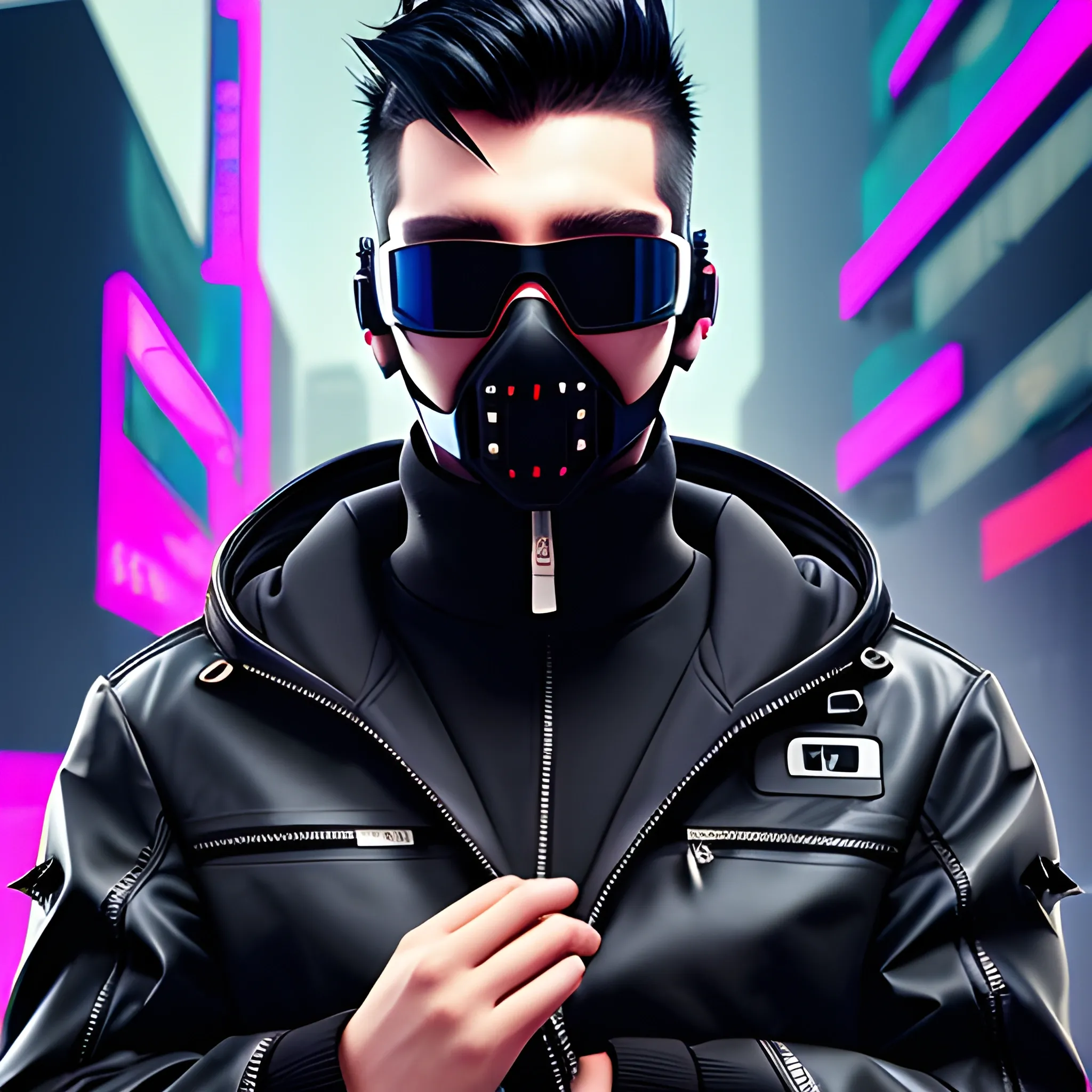 Handsome tech, with short spikey black hair, high collar hooded jacket, with a half face mask, mirrored sunglasses, cyberpunk theme