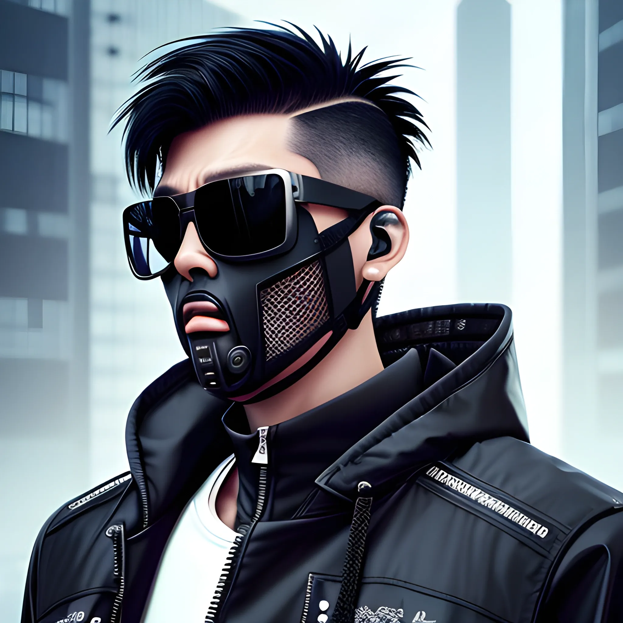 Handsome cyber punk net runner, with short spikey black hair, high collar hooded jacket, with a samurai face mask, sunglasses.