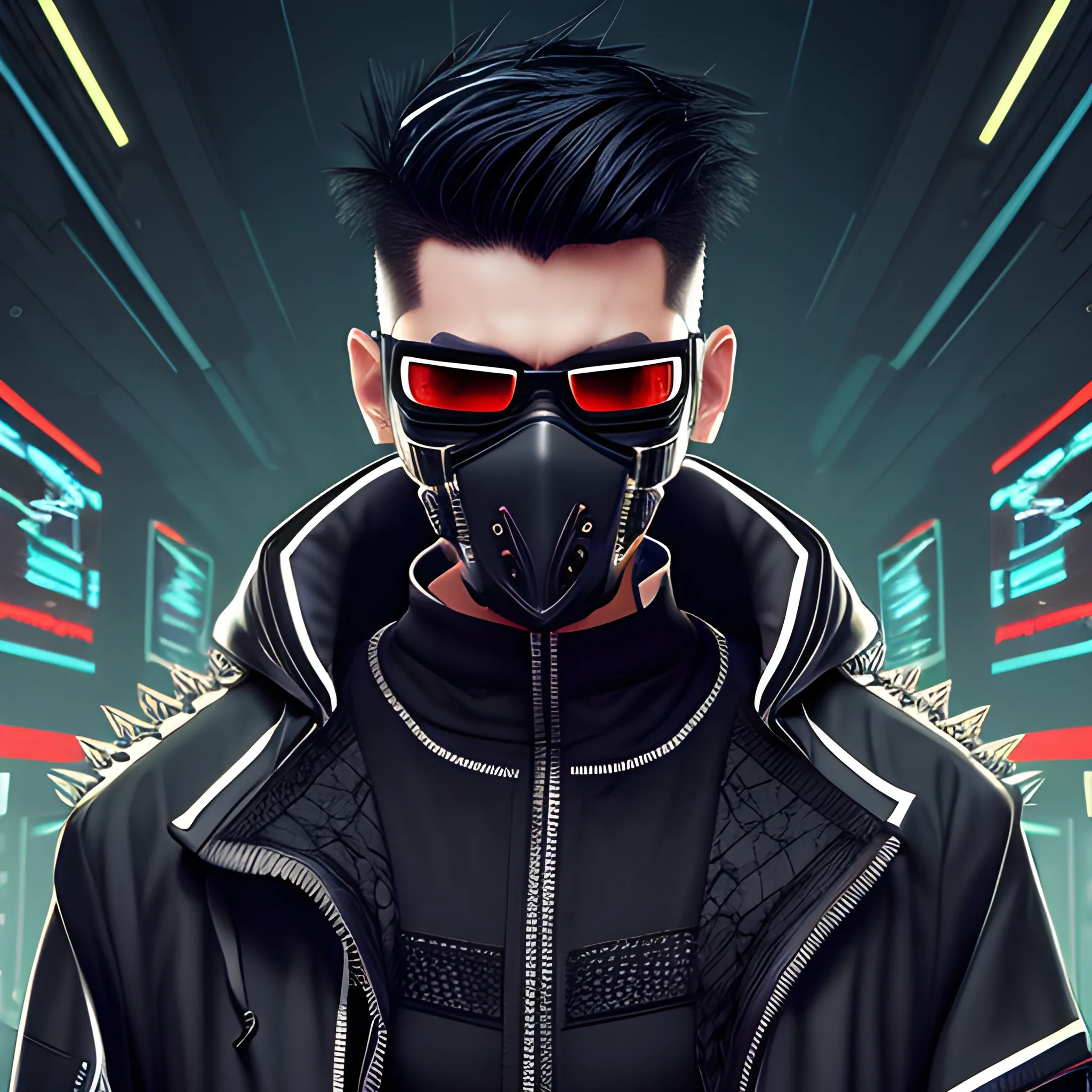 Handsome cyber punk net runner, with short spikey black hair, high collar hooded jacket, with a samurai face mask, sunglasses.