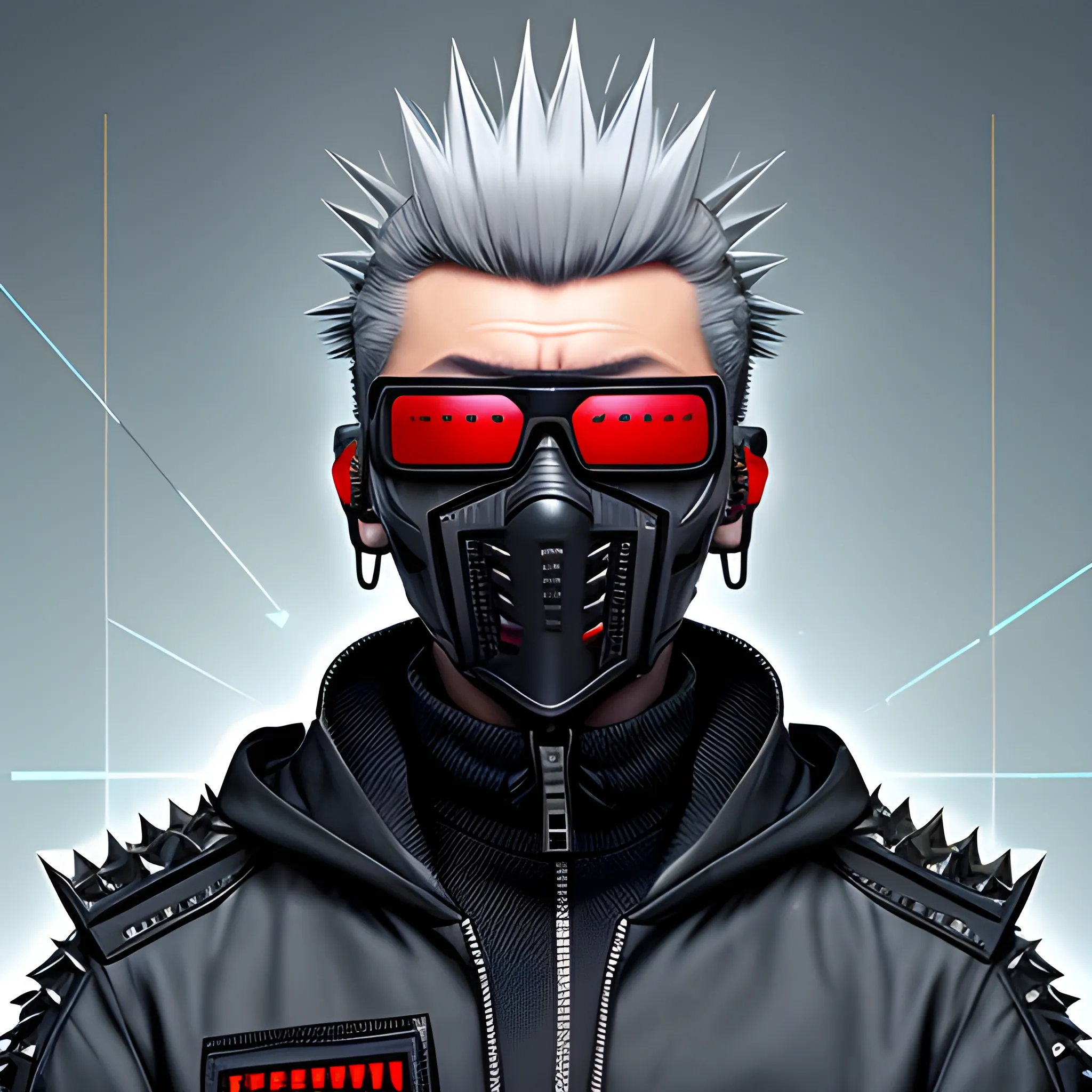 Handsome cyber punk net runner, with short spikey grey hair, right arm cyberarm, high collar hooded jacket, with a samurai face mask, sunglasses.