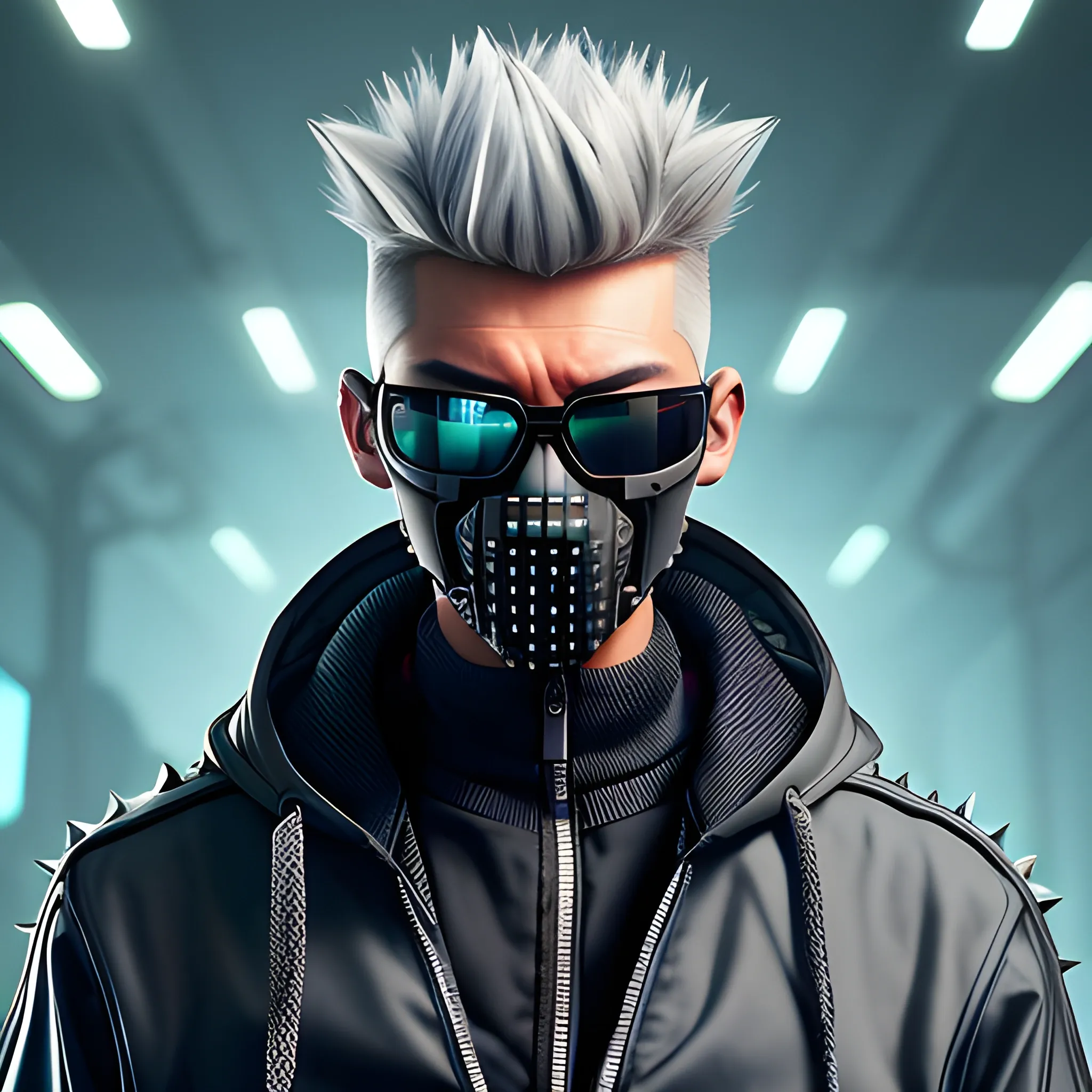 Handsome cyber punk net runner, with short spiked grey hair, Right side cyber arm, high collar hooded jacket, with a samurai face mask, sunglasses.