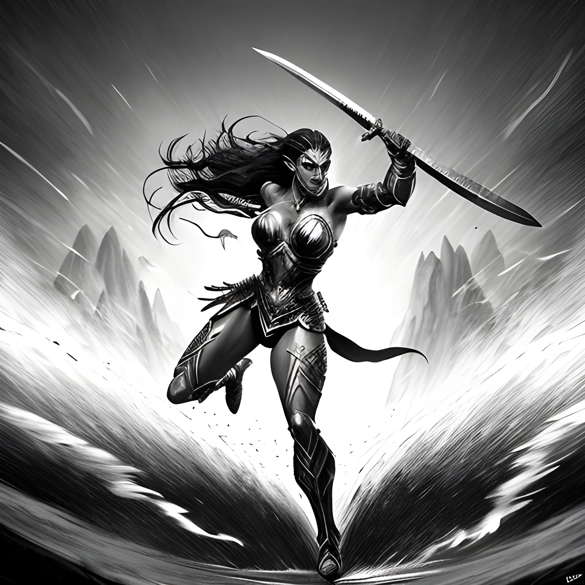 an Amazon woman warrior with shield and long lance, fighting against an atlantean warrior man with shield and sword. She jumps over the man. The fight is in a beach| 16K, highly detailed, dramatic lighting, intense shadows, rich deep colours, small ultrafine particles drawing movement effects, scene with a lot of movement, no brush strokes are visible, Pencil Sketch