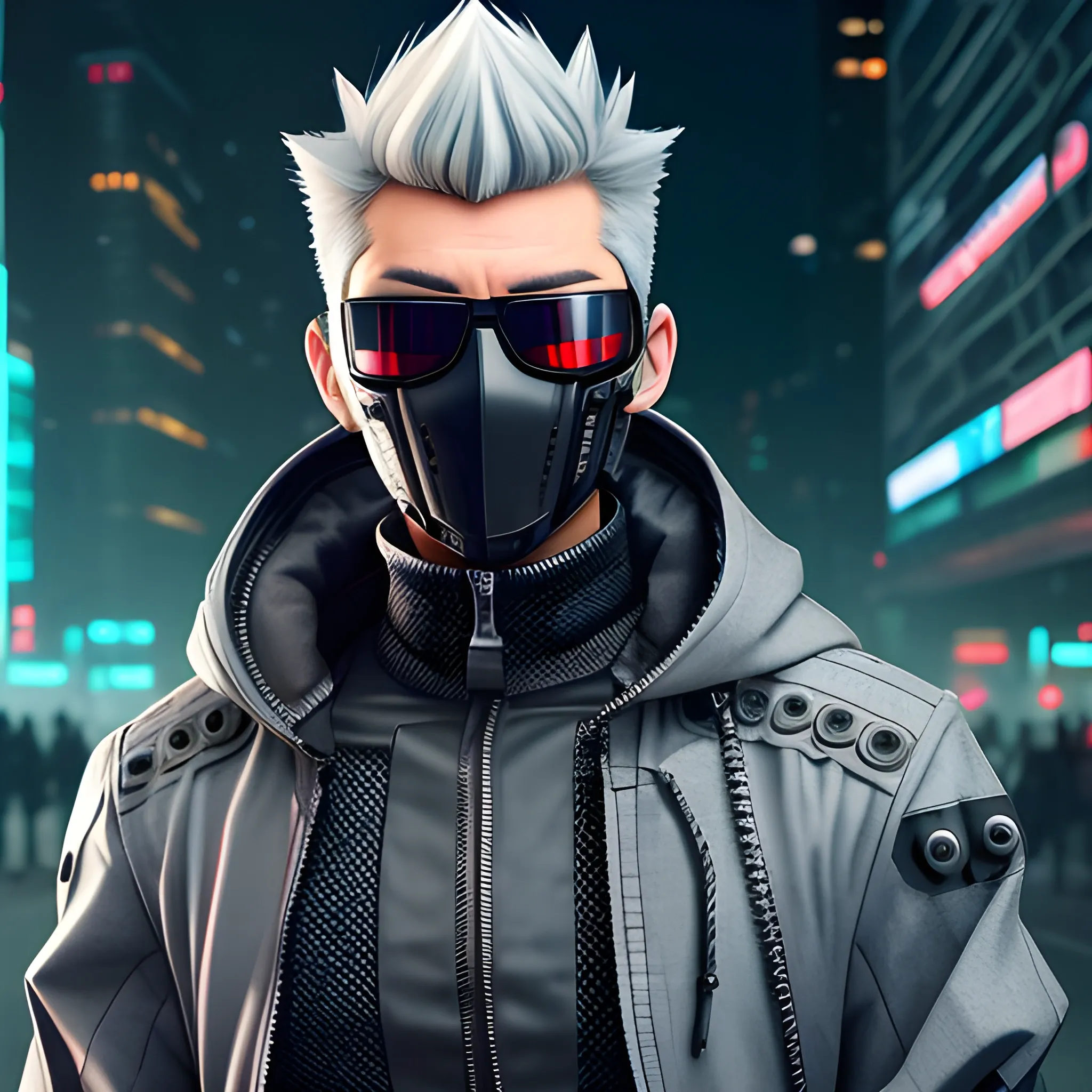 Handsome cyber punk net runner, with short spiked grey hair, Right side cyber arm, high collar hooded jacket no spikes, with a samurai face mask, sunglasses.