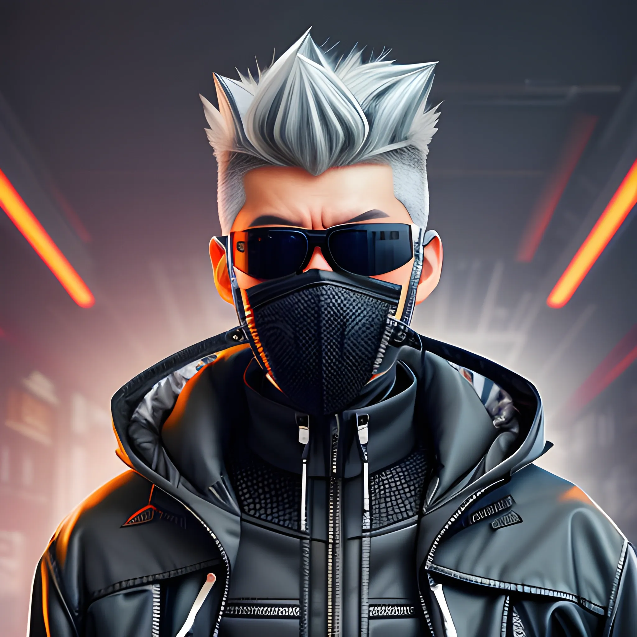 Handsome cyber punk net runner, with short spiked grey hair, Right side cyber arm, high collar hooded jacket no spikes, with a samurai face mask, sunglasses.