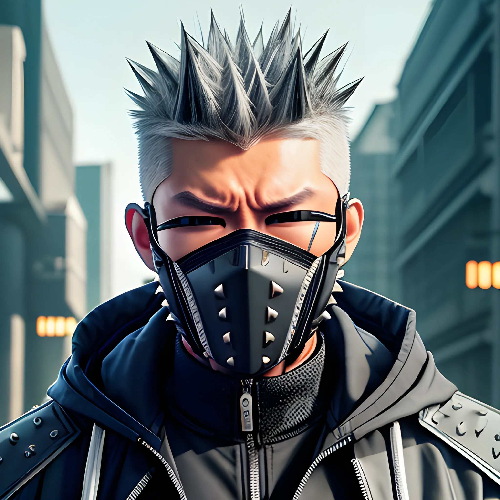 Handsome cyber punk net runner, with short spiked grey hair, Right side cyber arm, high collar hooded jacket no spikes, with a samurai face mask, sunglasses.