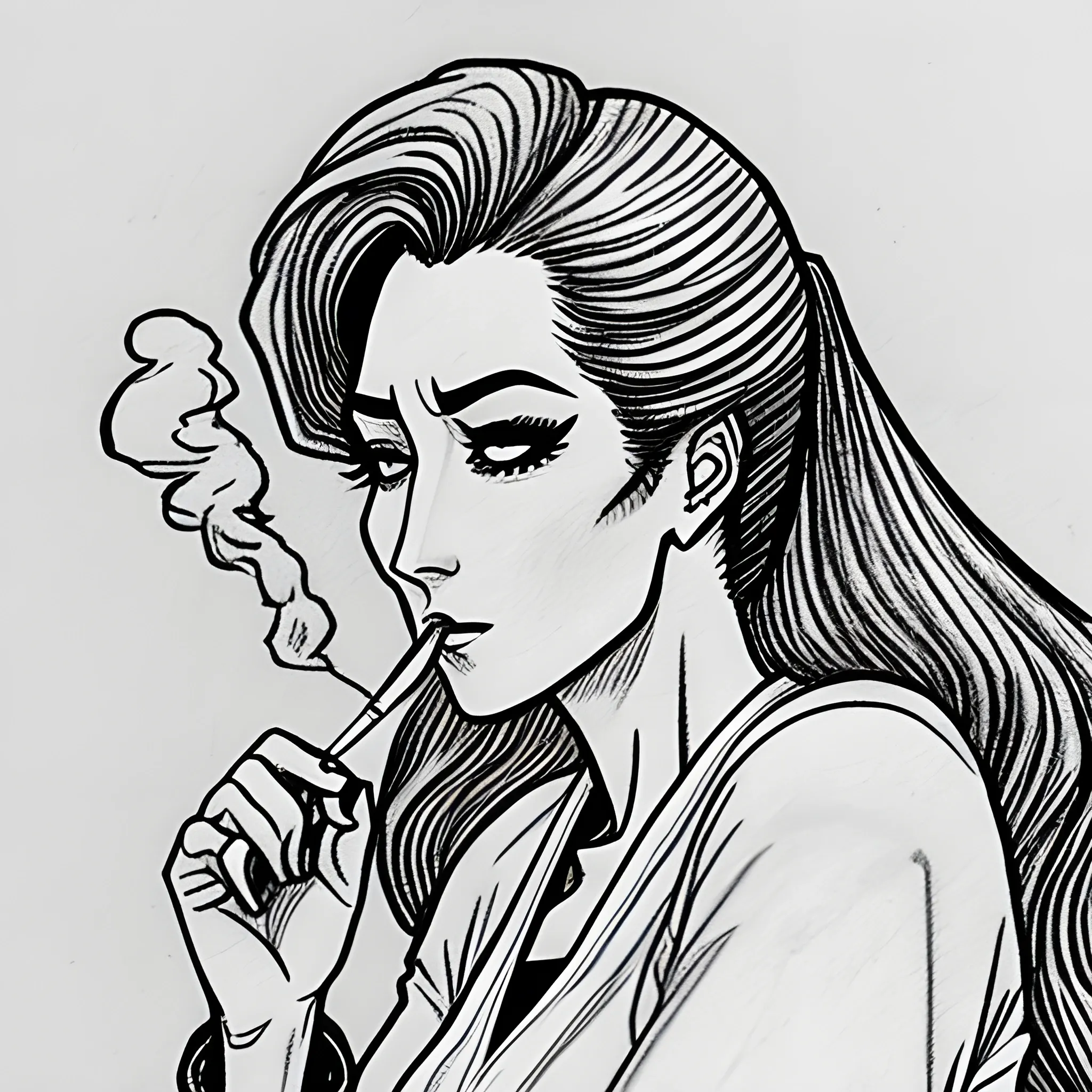 , Pencil Sketch of a girl smoking cigarette, in old manga style
