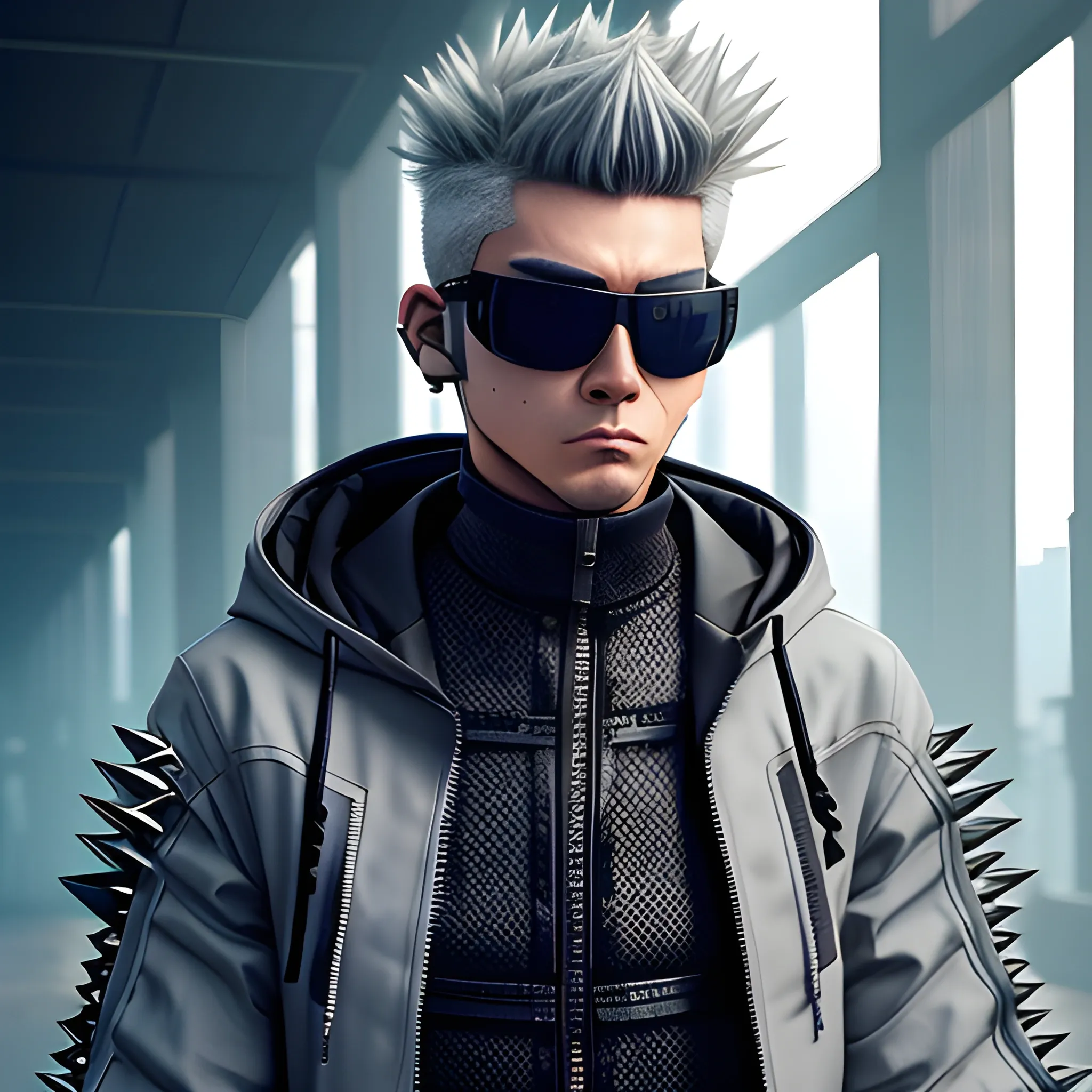 Handsome cyber punk net runner, with short spiked grey hair, Right side cyber arm, high collar hooded jacket no spikes, with a samurai face mask, sunglasses.